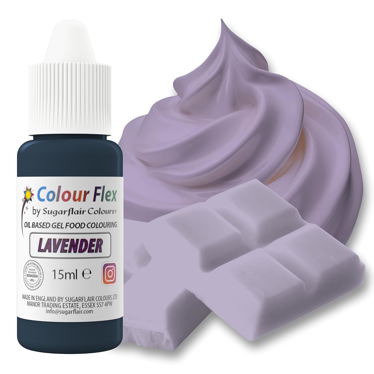 Sugarflair Colourflex Oil Based Food Coloring Lavendel, højkoncentreret flydende madfarve til smørcreme, chokolade, dej, fondant, glasur og mere - 15ml