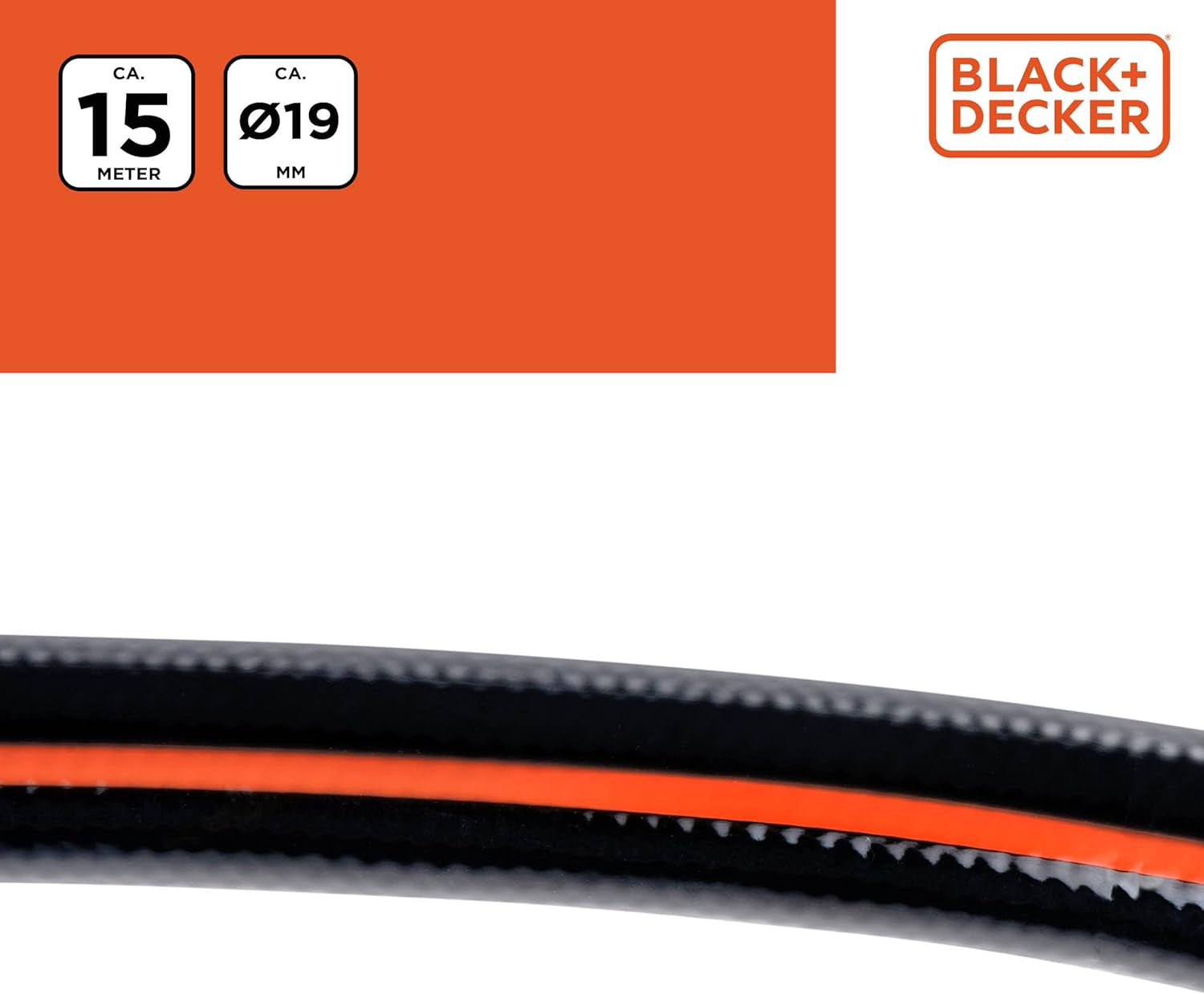 BLACK+DECKER Haveslange 15 meter - Ø19MM - Holdbar PVC - Vanding af haven, vask af bilen, fylde poolen - Kompatibel med enhver standard vandhane - Sort/Orange