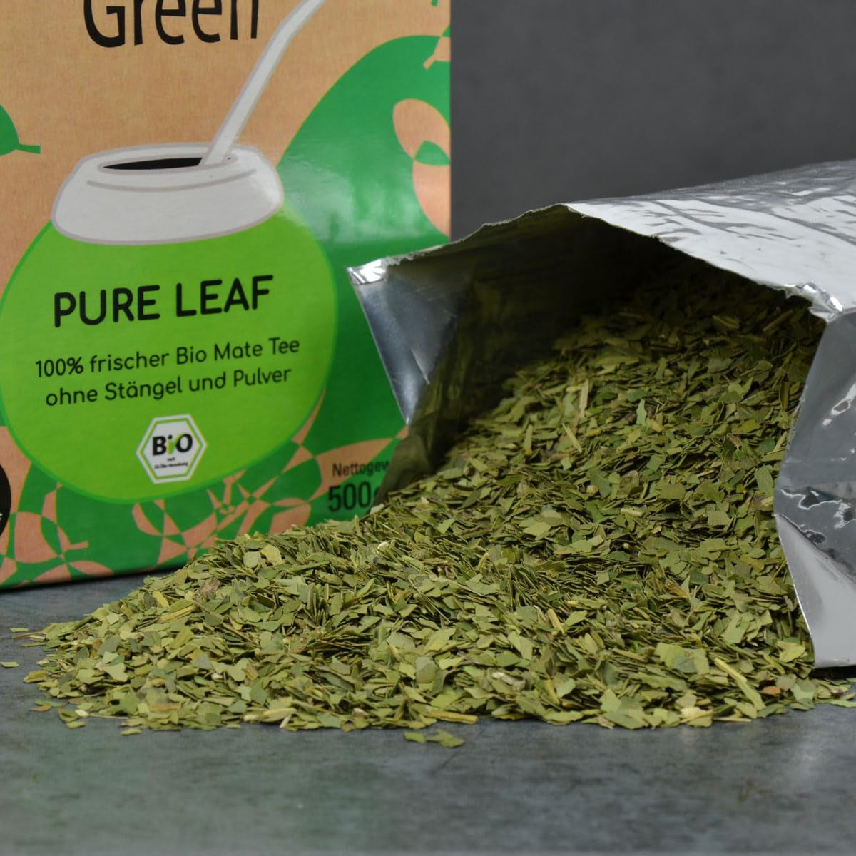 Delicatino - Naturlig grøn PURE LEAF 500G, økologisk yerba mate stilkløs, frisk og røgfri, økologisk dyrket, vakuumpakket for maksimal friskhed