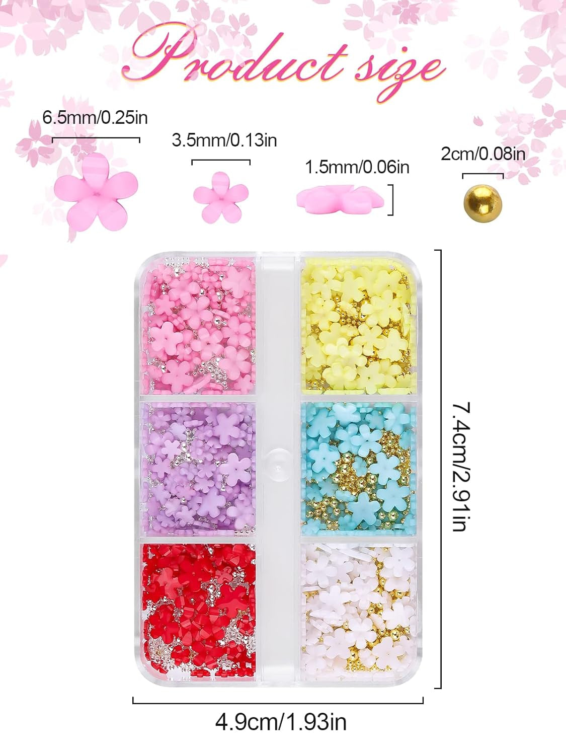 Kalolary Flowers Nail Art Charms, 3D Akryl Blomster til negle Fem kronblade Blomsterdekorationer Negle Gems Rhinsten Blandede metalperler til DIY Nail Art Design Smykkefremstilling (2 æsker)