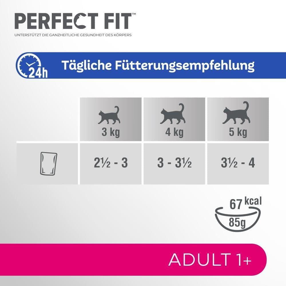 Perfect Fit Adult 1+ vådfoderudvalg med laks, dybhavsfisk, oksekød og kylling, 48 poser, 12x85g (pakke med 4) - Premium vådfoder til voksne katte fra 1 år