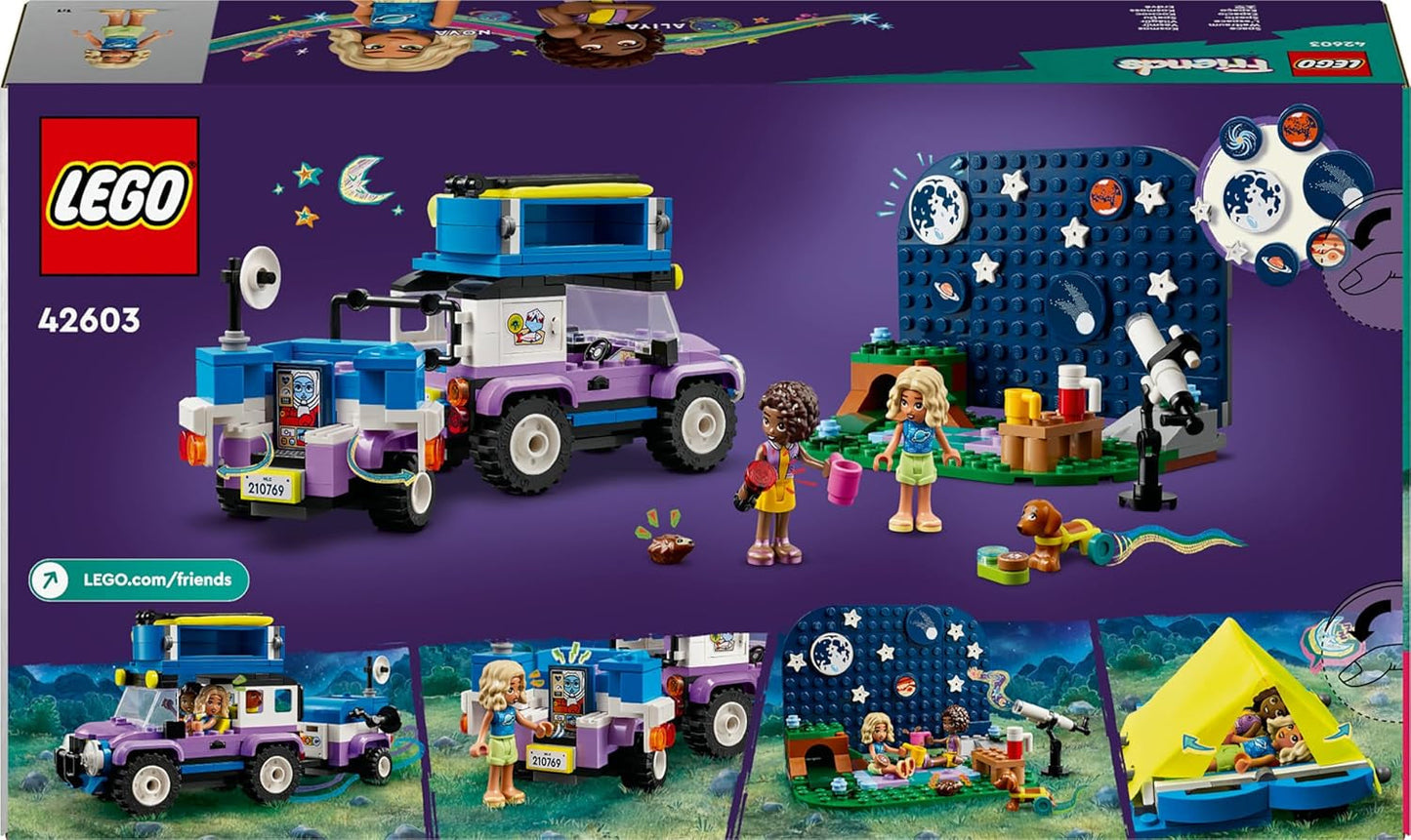 LEGO Friends Stargazer campingkøretøjssæt med terrængående køretøj og legetøjsteleskop, gave til piger og drenge fra 7 år, inkluderer legefigurer Nova, Aliya og en hund 42603 byggesæt Besuche den LEGO-Store