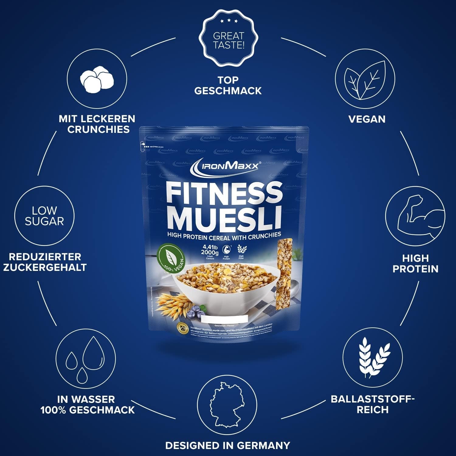 IronMaxx Fitness Müsli - Cookies & Cream, 2 kg pose | Proteinrig vegansk müsli med sprødt indhold | Lavt indhold af sukker og højt indhold af fibre
