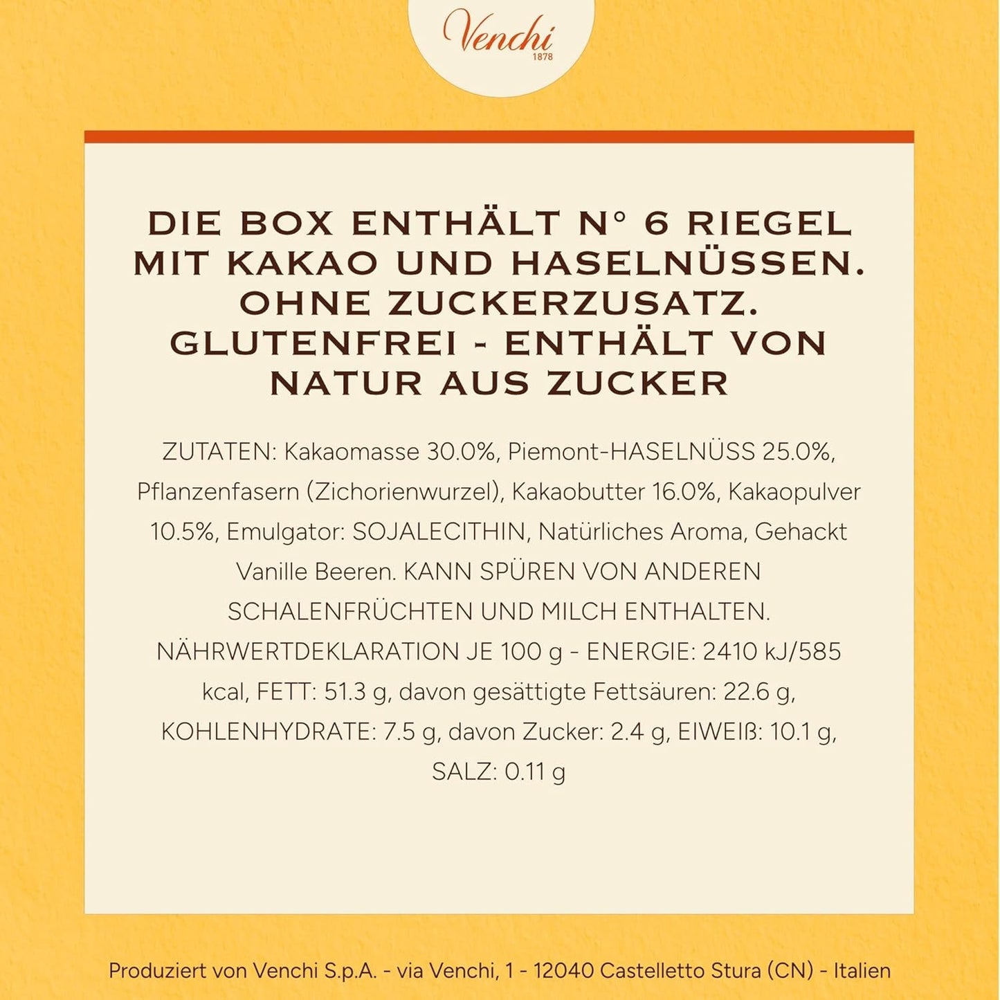 Venchi - Pakke med 6 mørke chokoladebarer med hasselnødder, 600g - Ingen tilsat sukker - Ingen kunstige sødestoffer - Glutenfri - Vegansk - Gaveidé