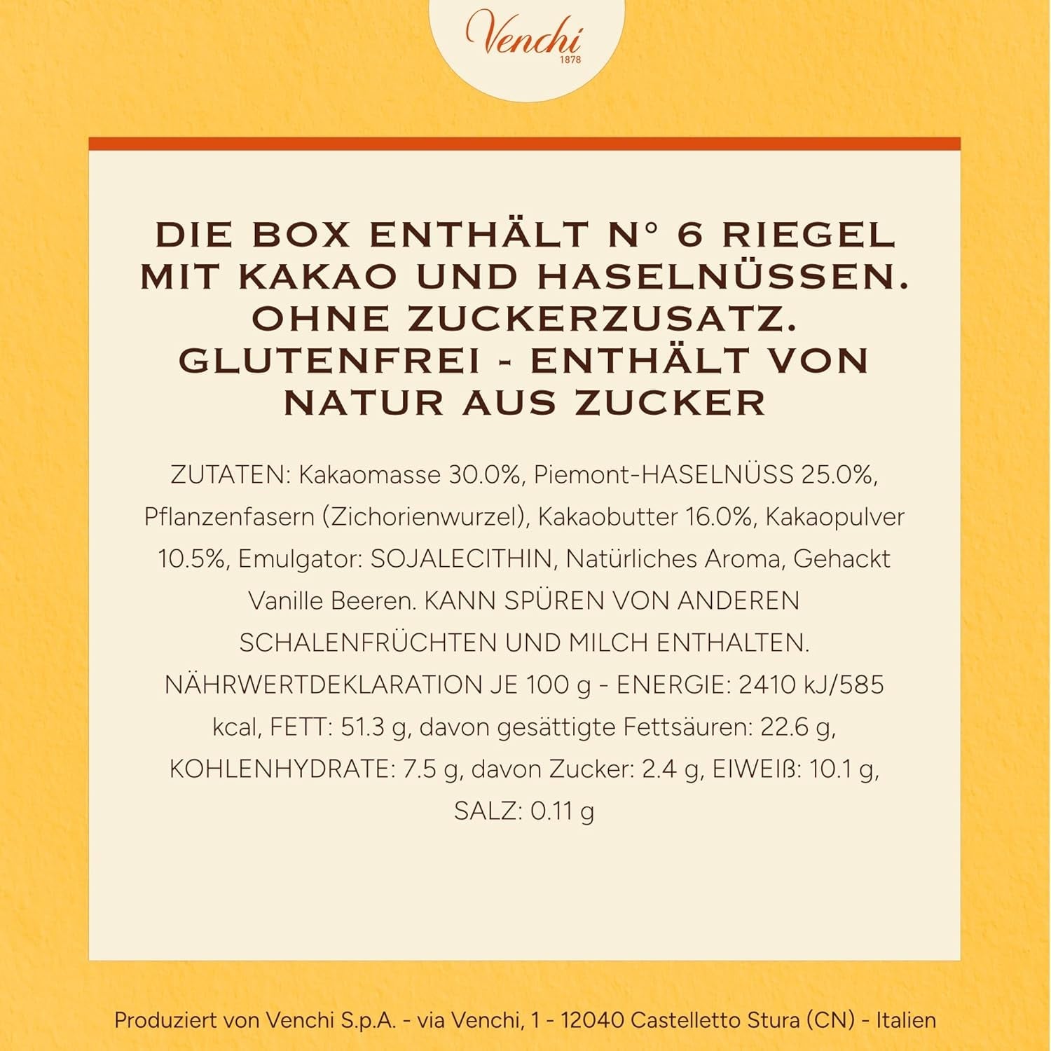 Venchi - Pakke med 6 mørke chokoladebarer med hasselnødder, 600g - Ingen tilsat sukker - Ingen kunstige sødestoffer - Glutenfri - Vegansk - Gaveidé