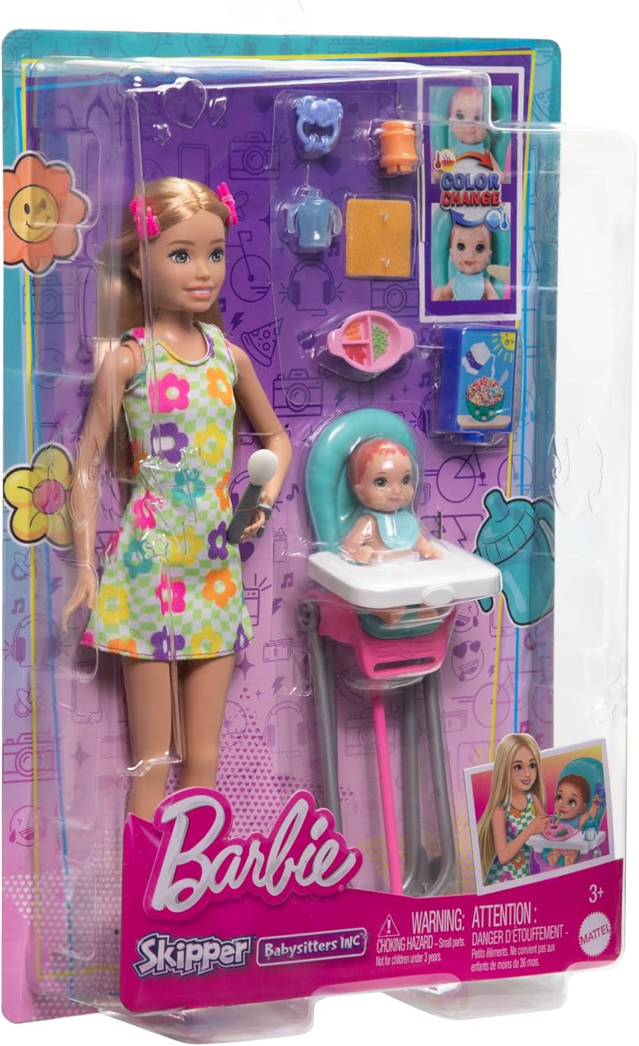 Barbie Skipper Dukke og tilbehør Legesæt Mad Børnepasningssæt Farveskiftende legetøj HTK35