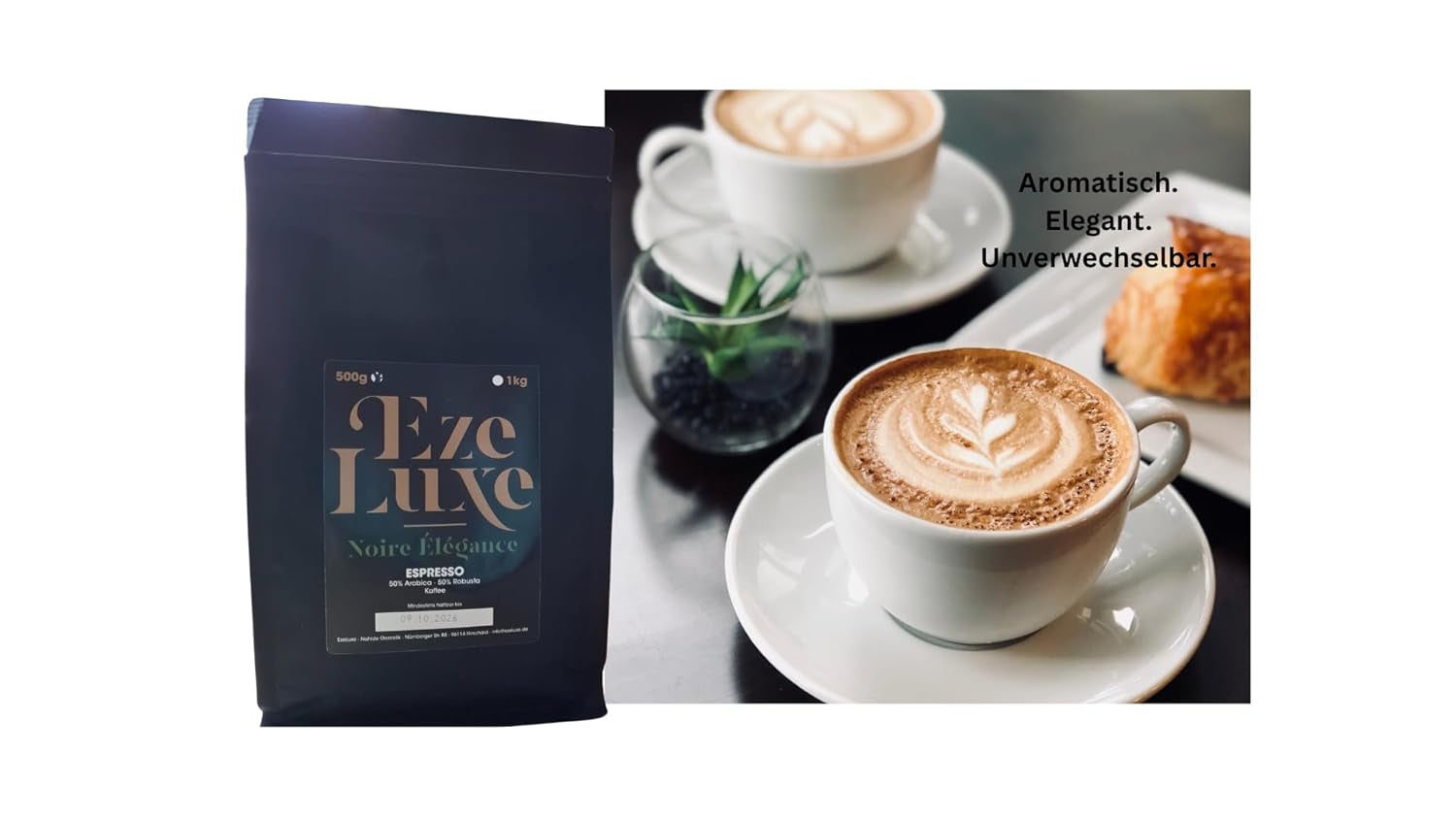 Kaffe Espresso Noire Elegance 500g – 50% Arabica og 50% Robusta fra Brasilien og Indien – mellemristet, kraftig og cremet med mørk chokolade – intensitet 8 – inkl. gratis espressomaskine