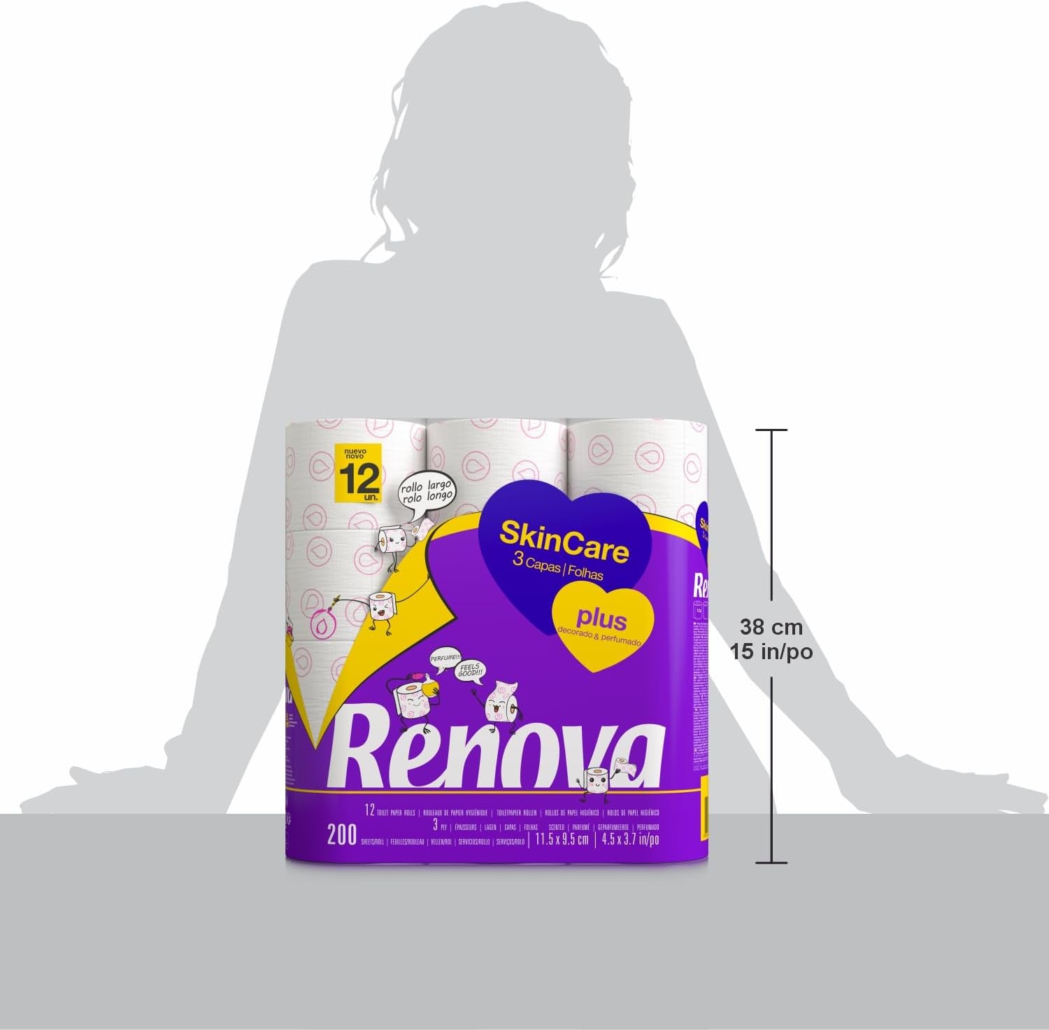 Renova - Toiletpapir Skin Care Plus, Dekoreret, Duftende - 12 ruller (Toiletpapir)