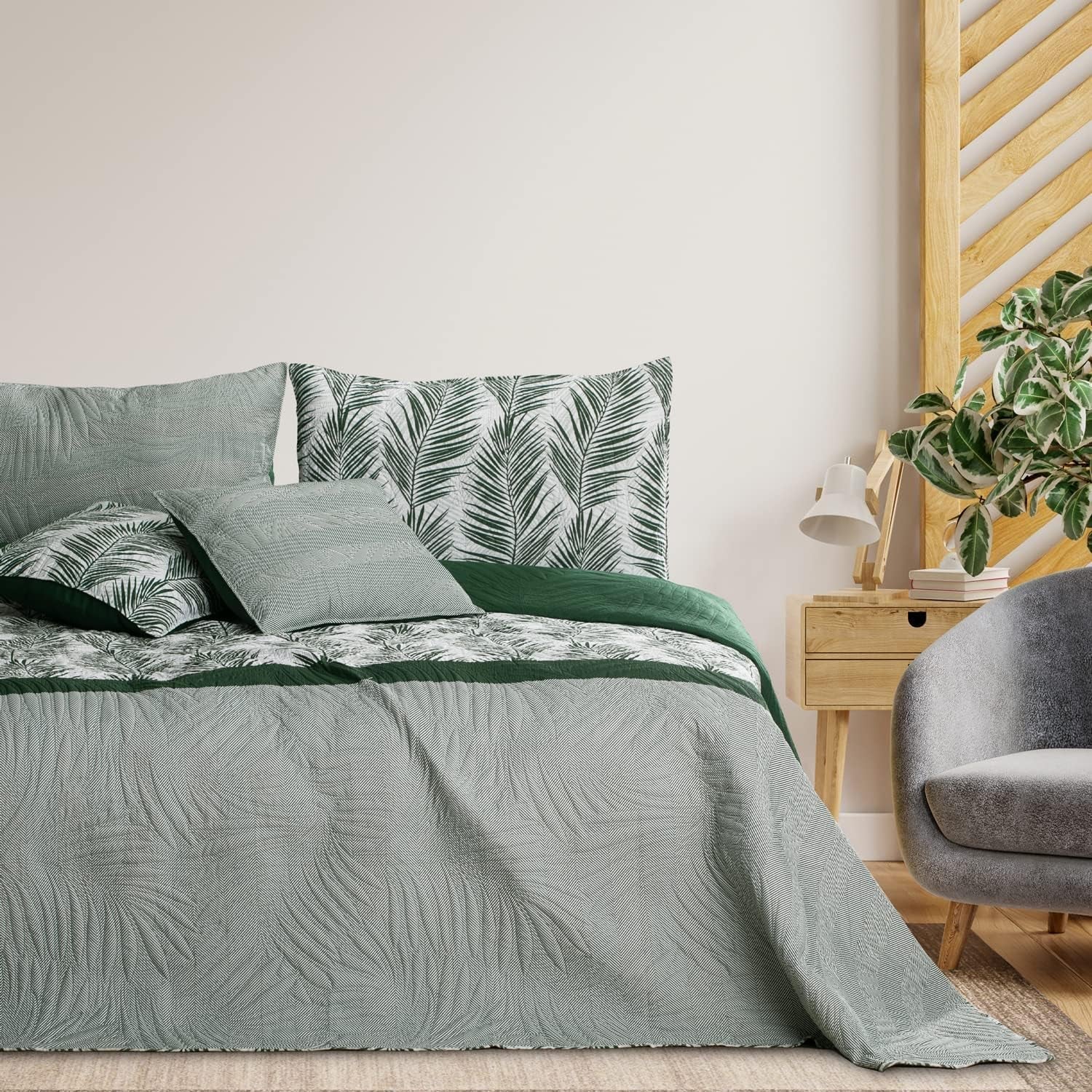 Ameliahome Sengetæppe Sengetæppe 170X210 Cm Dobbeltsidet Letpleje Sengetæppe Plantemønster Grøn Hvid Tropisk Bonaire Senge og Tæpper Besuche den AmeliaHome-Store