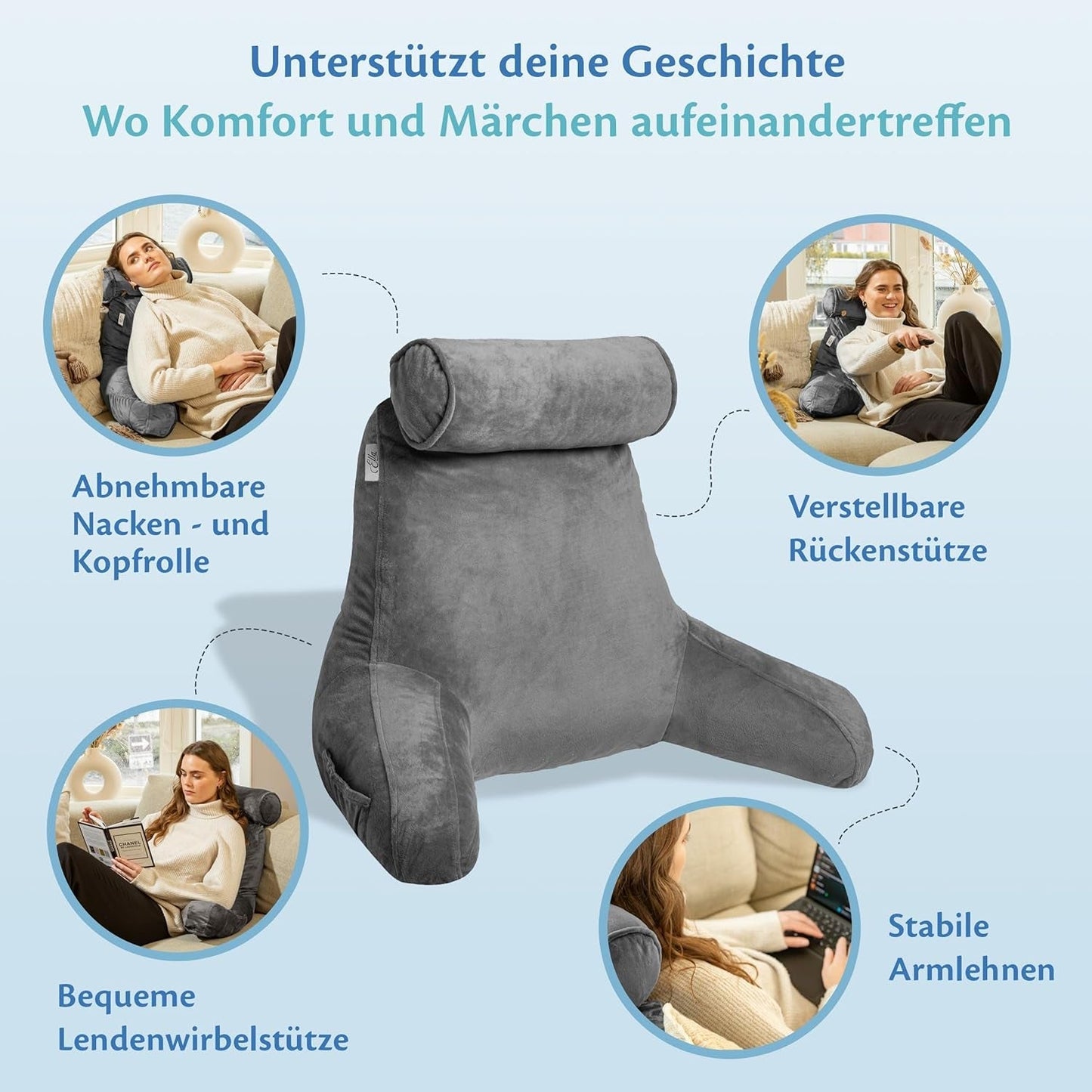 Ella læsepude til seng og sofa med aftagelig nakkerulle - Rygpude til seng - Memory Foam læsepude med armlæn, ideel til at læse, se tv, slappe af eller som rygstøtte - Grå