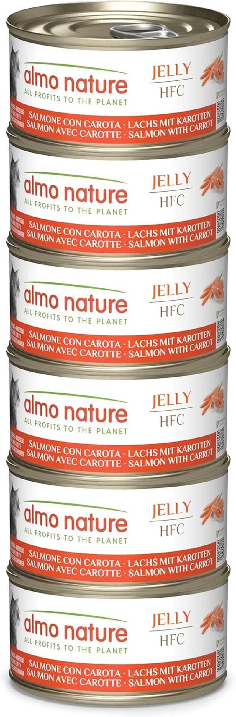 Almo Nature HFC Jelly - Vådfoder til voksne katte - Laks og gulerødder - Menneskelig kvalitet, glutenfri - 6 x 70g