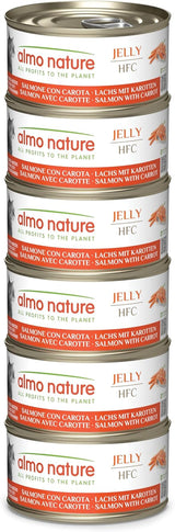 Almo Nature HFC Jelly - Vådfoder til voksne katte - Laks og gulerødder - Menneskelig kvalitet, glutenfri - 6 x 70g