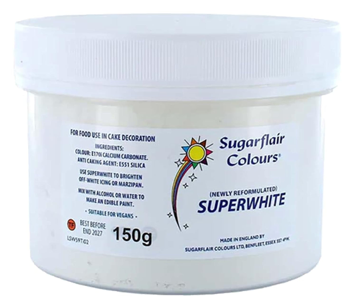 Sugarflair Superwhite Icing Bleach, Icing Bleach til Royal Icing, Ekstra hvid spiselig madfarve - 150g