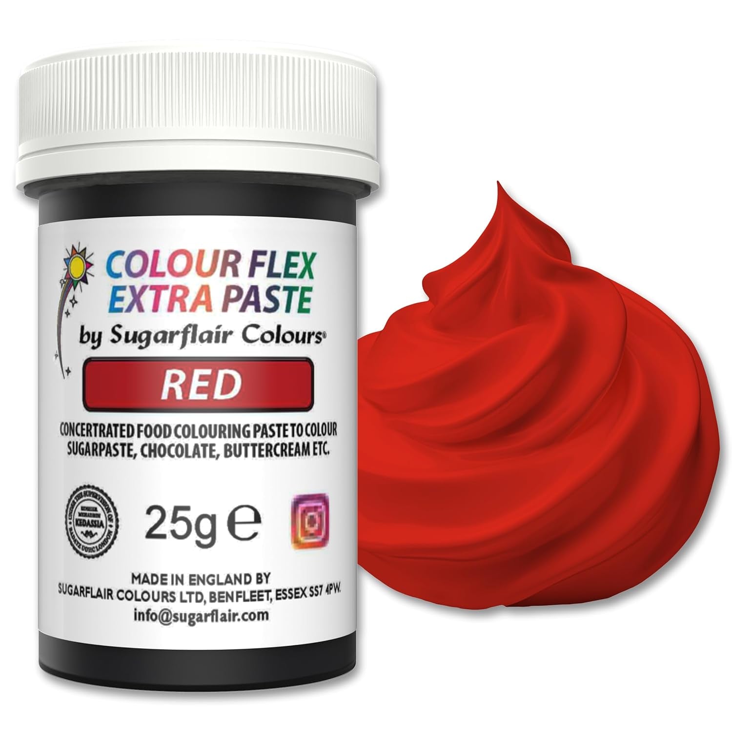 Sugarflair Colourflex Extra Paste madfarve, rød - Spiselig madfarve til smørcreme, chokolade, sukkerpasta, glasur, fondant, kageblandinger, dej og mere - 25g