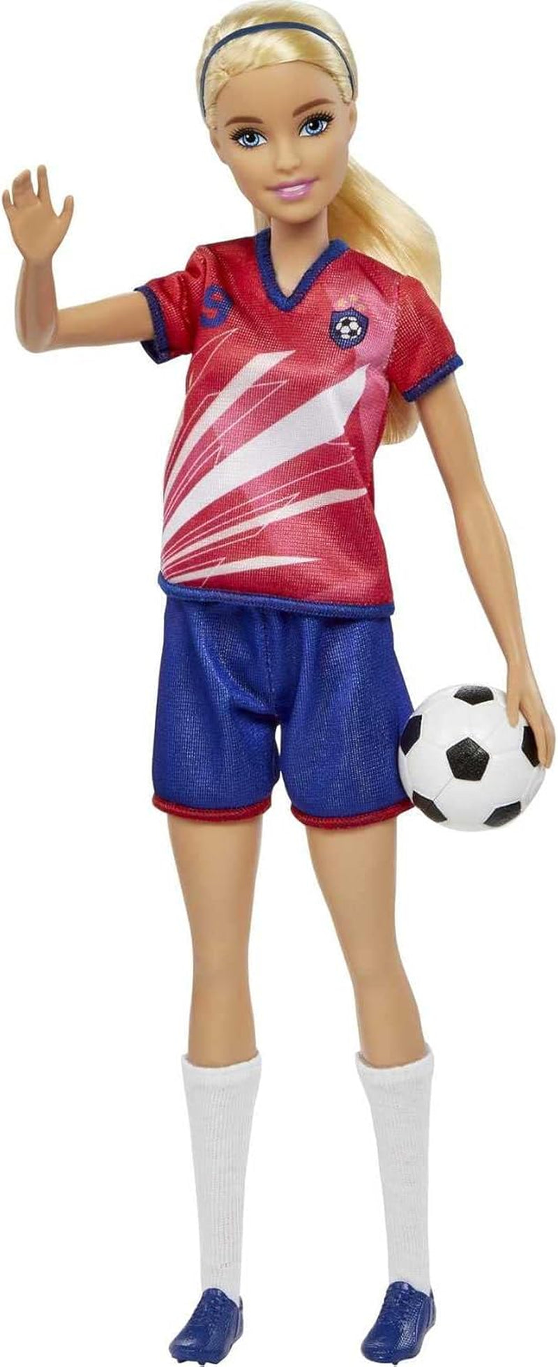 Barbie You Can Be Anything-serien, fodboldspiller, fodboldspiller med blond hår, rød og blå trøje, bold, tilbehør, dukke inkluderet, gave til 3 år og opefter, HCN17