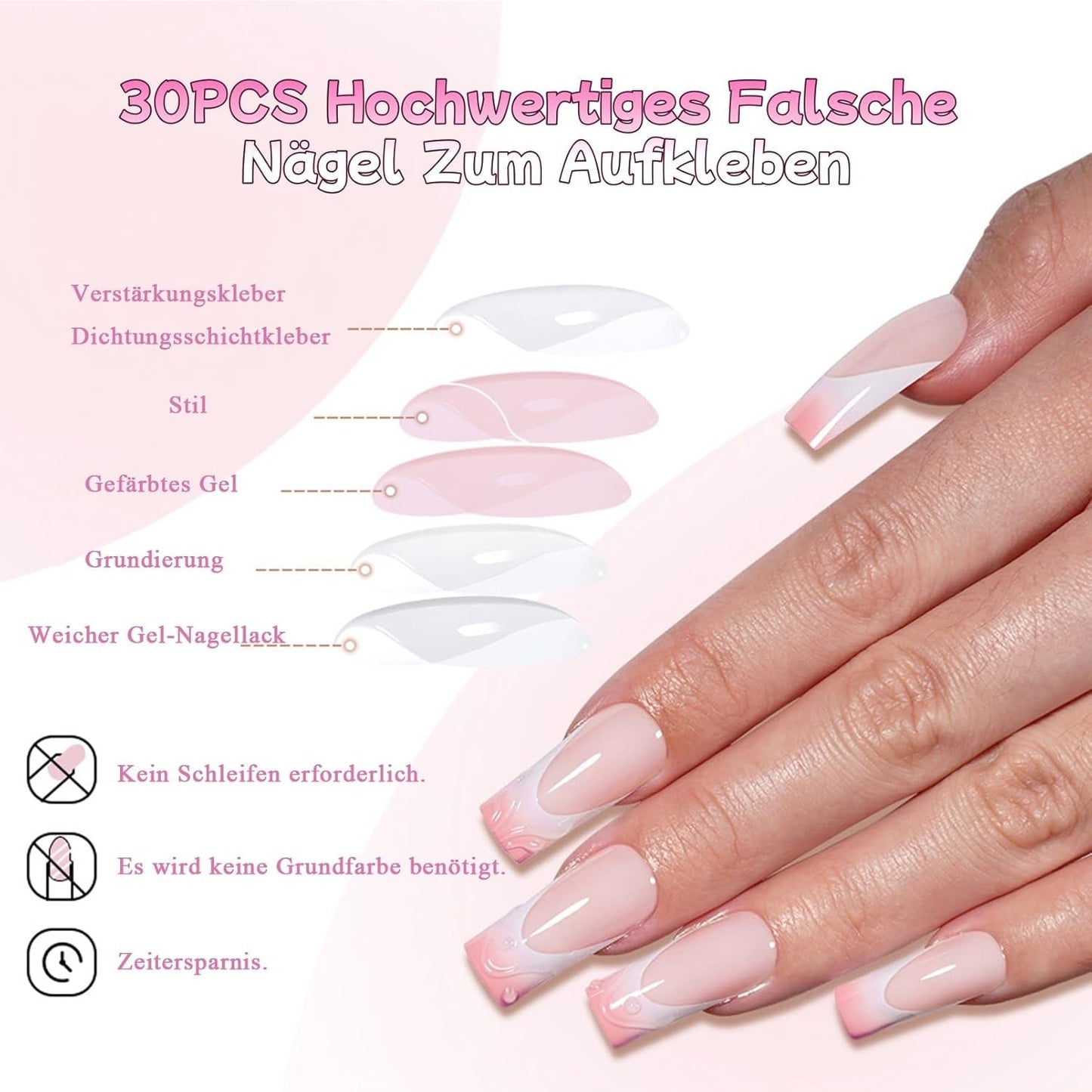 30 stk franske falske negle - lim på kunstige negle - bløde gelnegle til kvinder - Akrylklæbende negle Firkantet manicure (fransk pink)