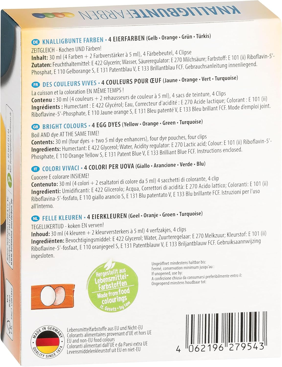 Heitmann ægfarver i lyse farver - 4 ægfarveflasker (gul, orange, grøn, blå), 2 farveforstærkere, 4 farveposer, 4 klips