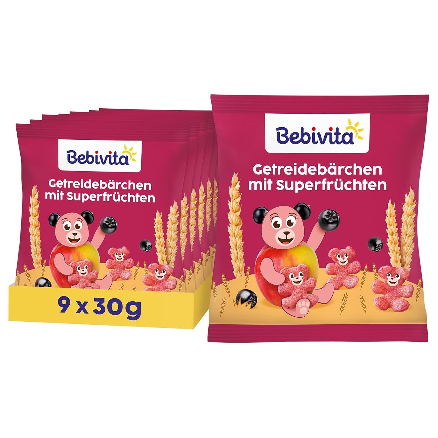 Kornbjørne med superfrugt (9 x 30 g) - snacks til børn fra 1 år, kun sødet med frugt, ideel sjov for hele familien