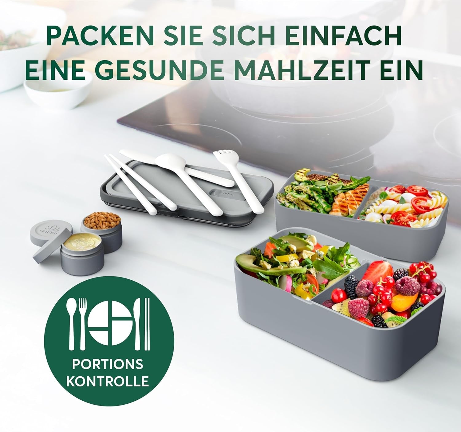 Umami madpakke til voksne, stabelbar Bento-boks med 4 bestik og rum, madpakke til voksne, to-go salatbeholder, Picnic/kontor madpakke, koksgrå, 1500 ml madopbevaringsbokse Naty Shop