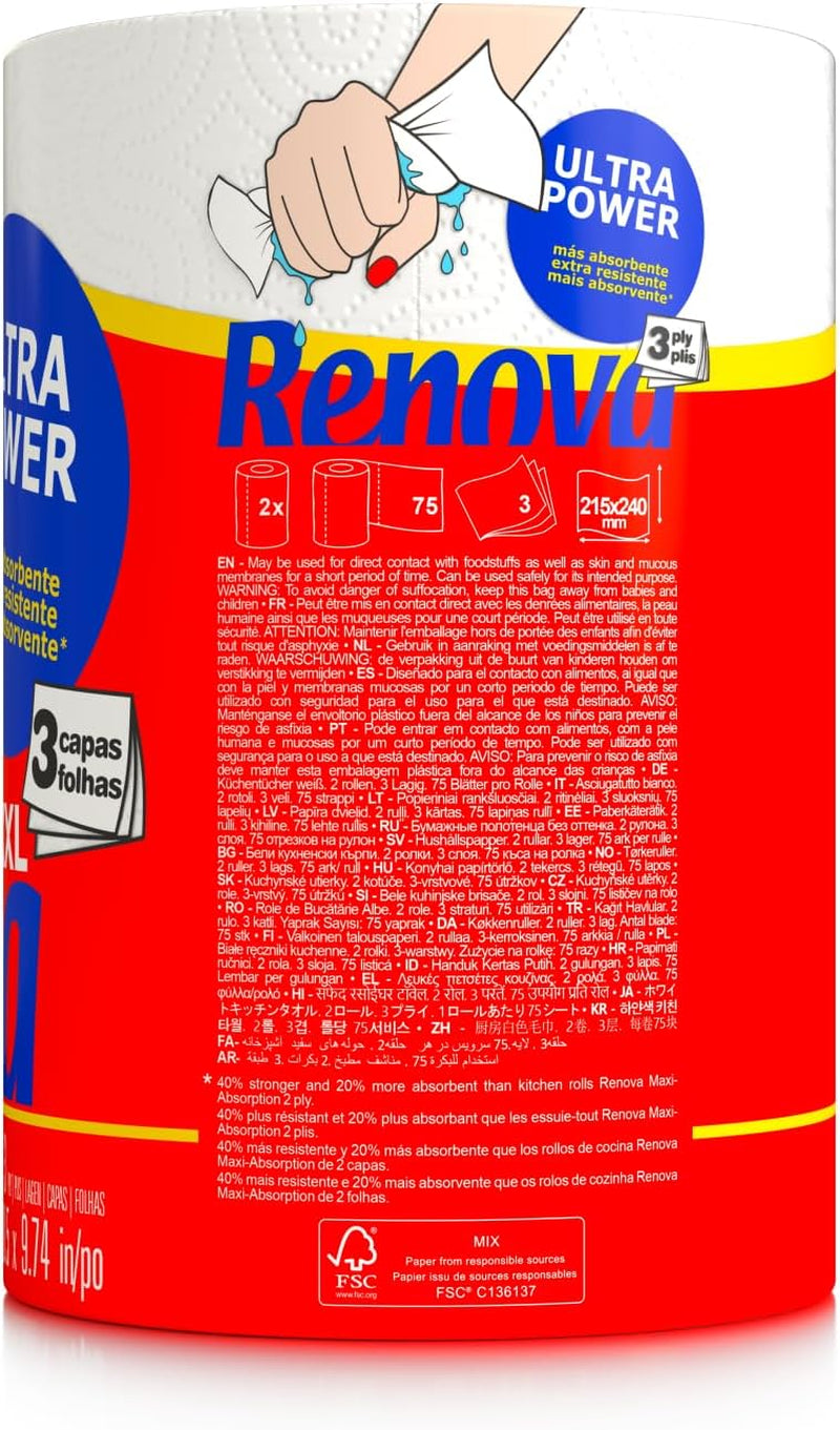 Køkkenruller Renova Renova Ultrapower | 24 XXL ruller = 60 standardruller | 3 ultraabsorberende og maksimal modstandslag | Fsc certificeret papir