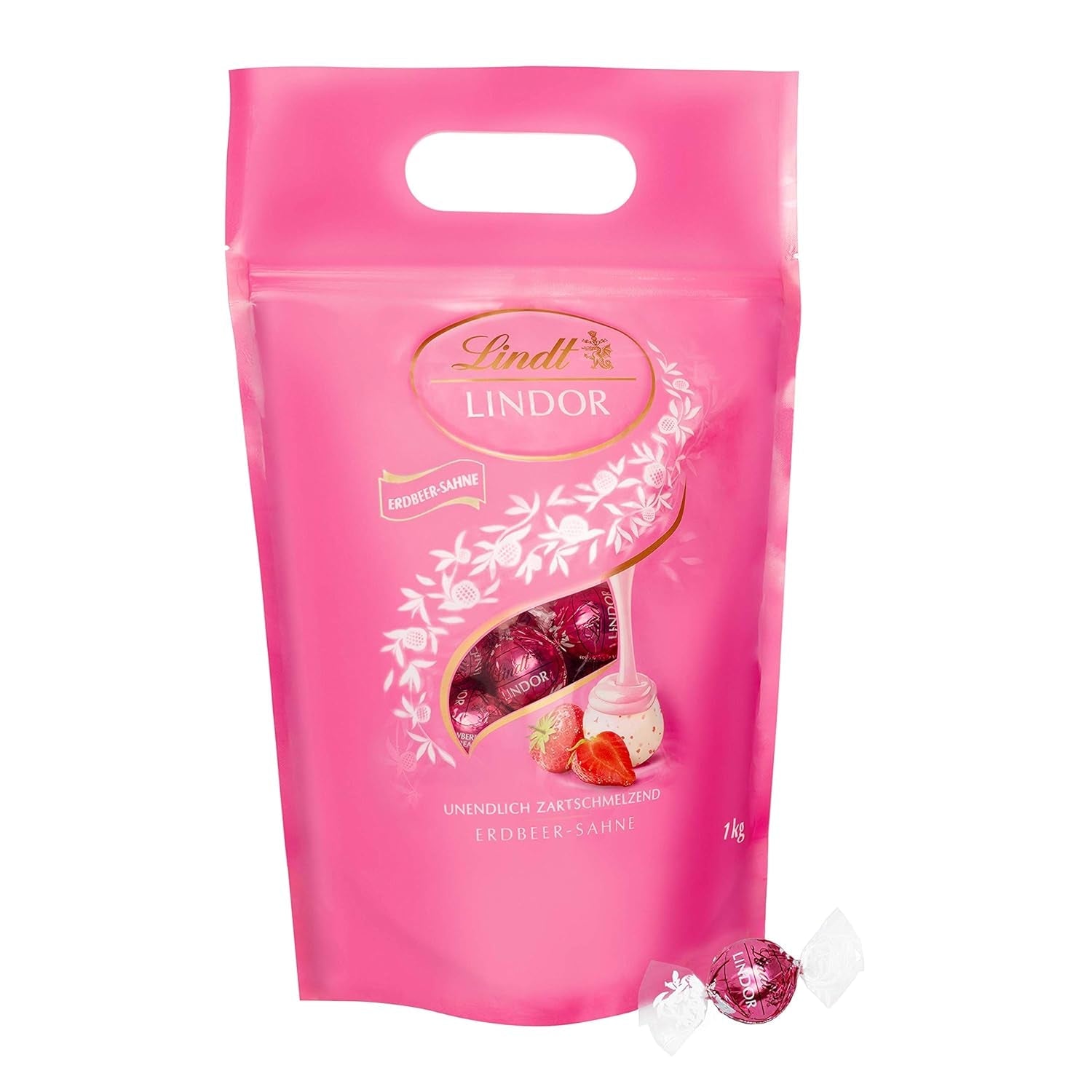 Chokoladeblanding LINDOR | 1371 g | Ca. 109 kugler: Mælkechokolade og LINDOR kugler med jordbærcreme | 1 kg pose, ca. 80 chokoladekugler hvid chokolade med jordbærcreme