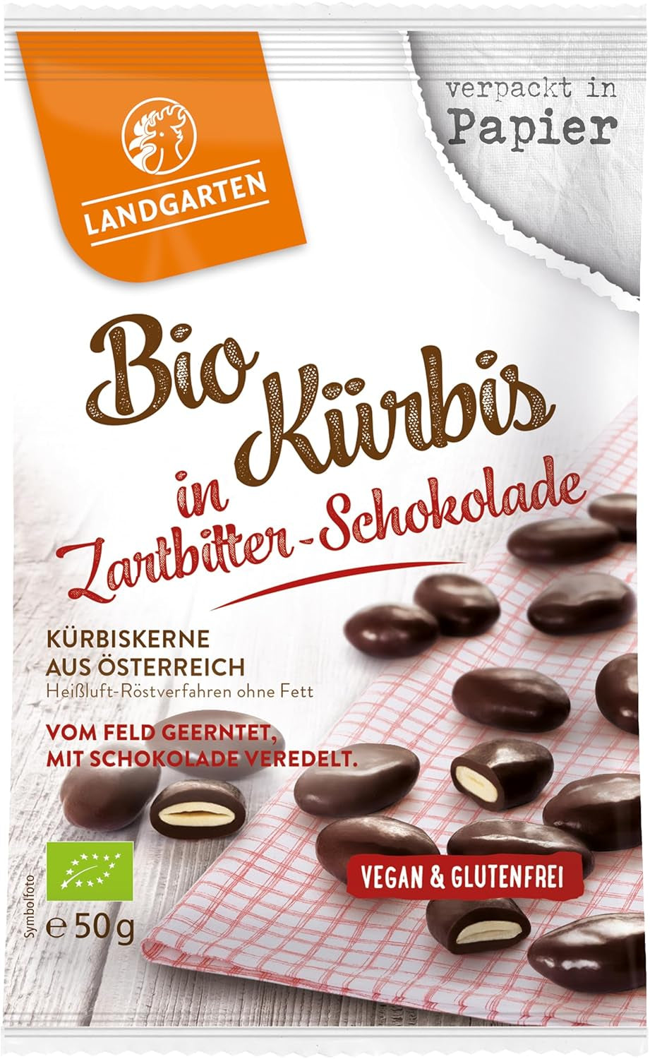 Landgarten økologiske græskarkerner i mørk chokolade - Vegansk ristet græskarfrø-chokolade-snack - kilde til magnesium - 1 x 50 g