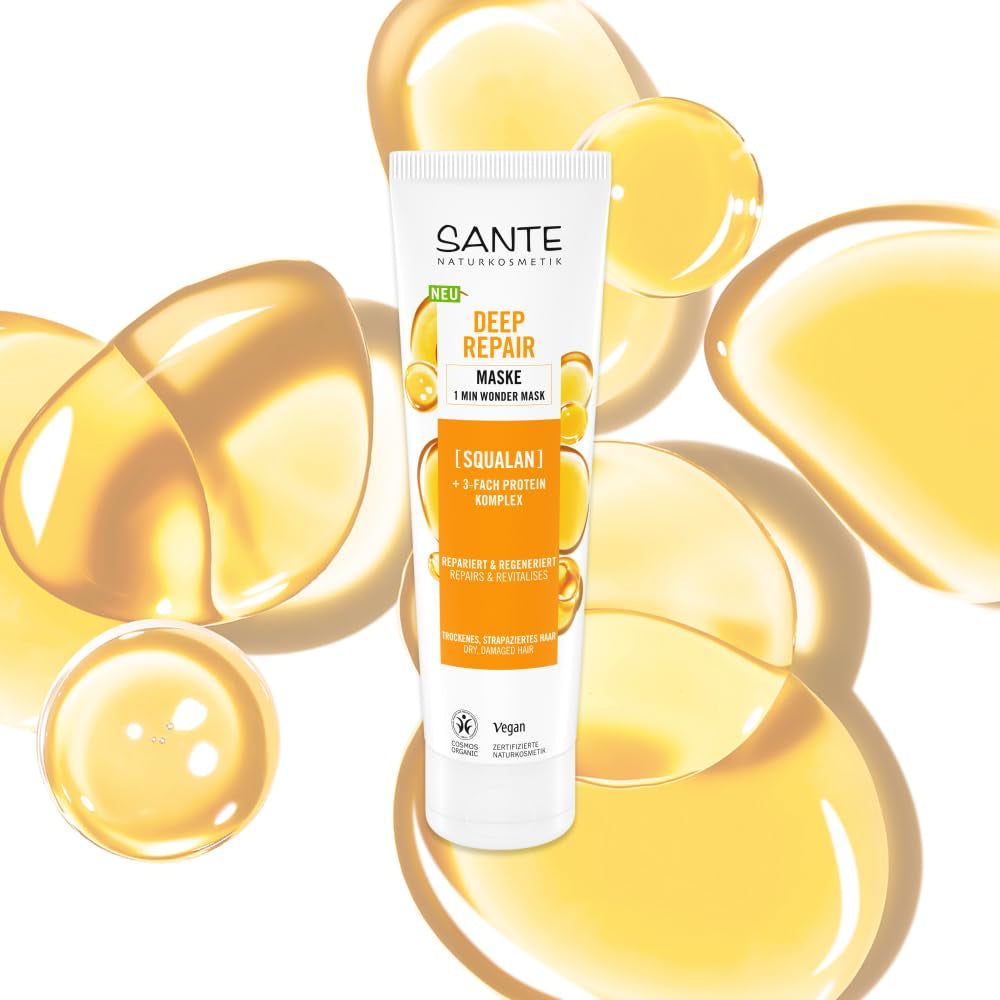 SANTE Natural Cosmetics Deep Repair Mask Squalane + 3x proteinkompleks, vegansk hårmaske til intens hydrering og fleksibelt hår, reparerer og regenererer beskadiget hår, 150 ml Naty Shop Hair Mask