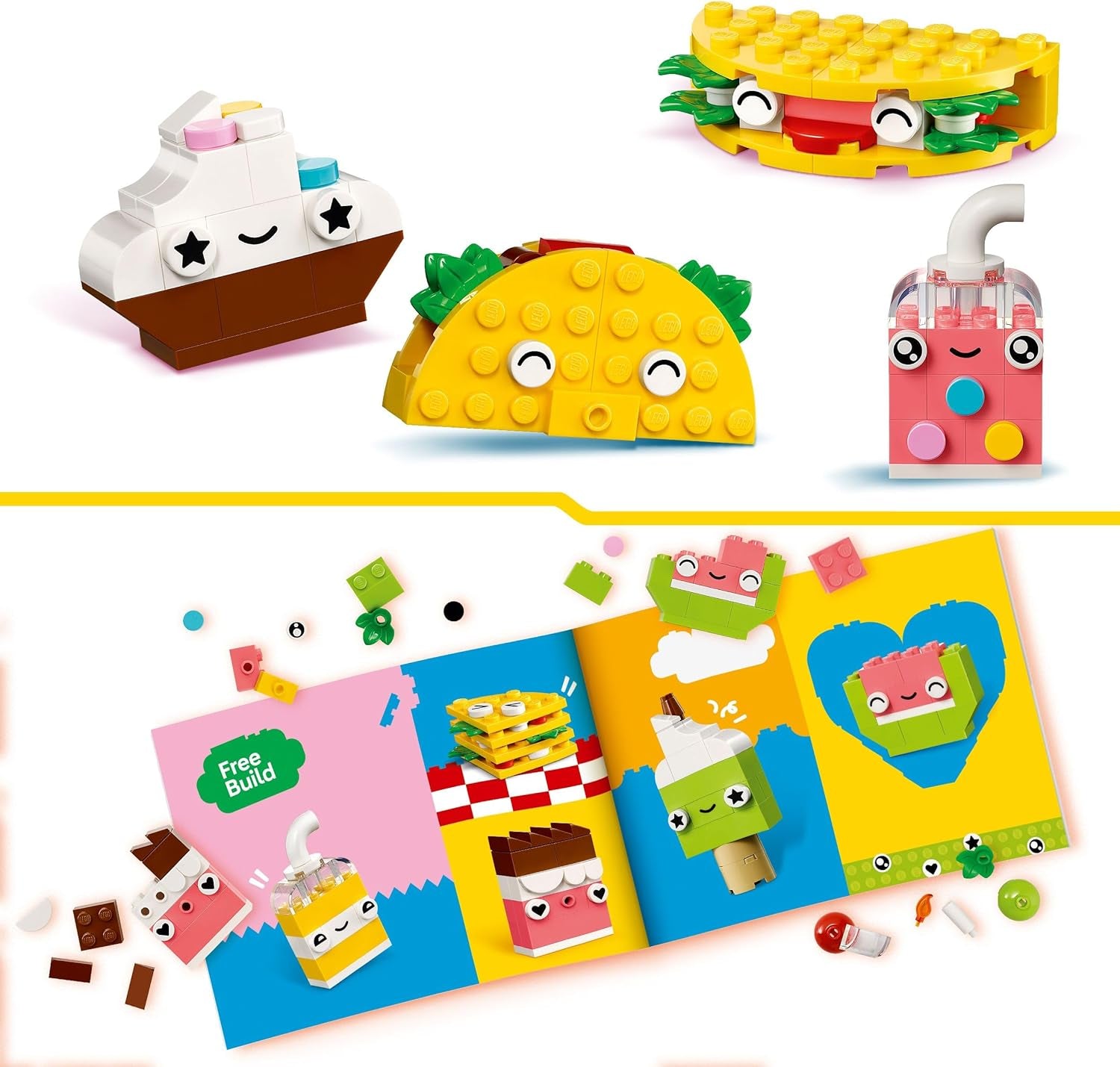 LEGO Classic Creative Snack Byggesjov, Madlegetøj til fantasifuldt rollespil, Byggesæt til drenge og piger 4 år, Cupcake, Avocado, Popsicle og Taco 11039 Byggesæt Besuche den LEGO-Store