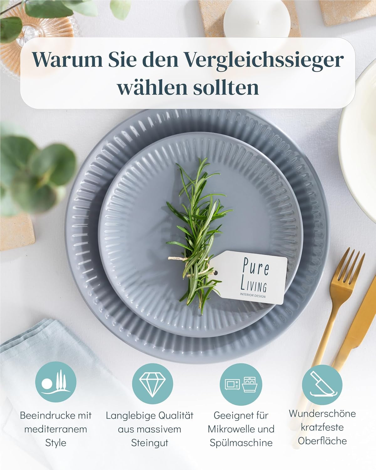 Keramisk servicesæt til 6, Hygge, 24 stk. TESTVINDER Drømmende Skandinavisk Stentøjsskål og tallerkensæt Middagsservice til 6 Pure Living servisesæt i gråblå