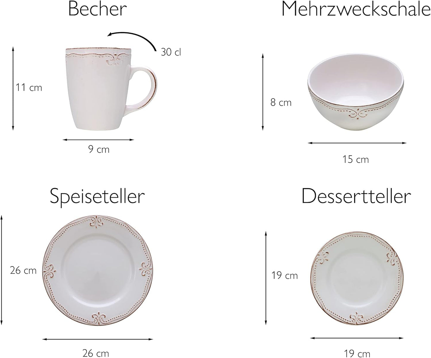 CreaTable, 23601, Romantic Vintage Series, 16-delt porcelænssæt til 4, Porcelænskombinationsservice, Tåler opvaskemaskine og mikroovn, Kvalitetsfremstilling
