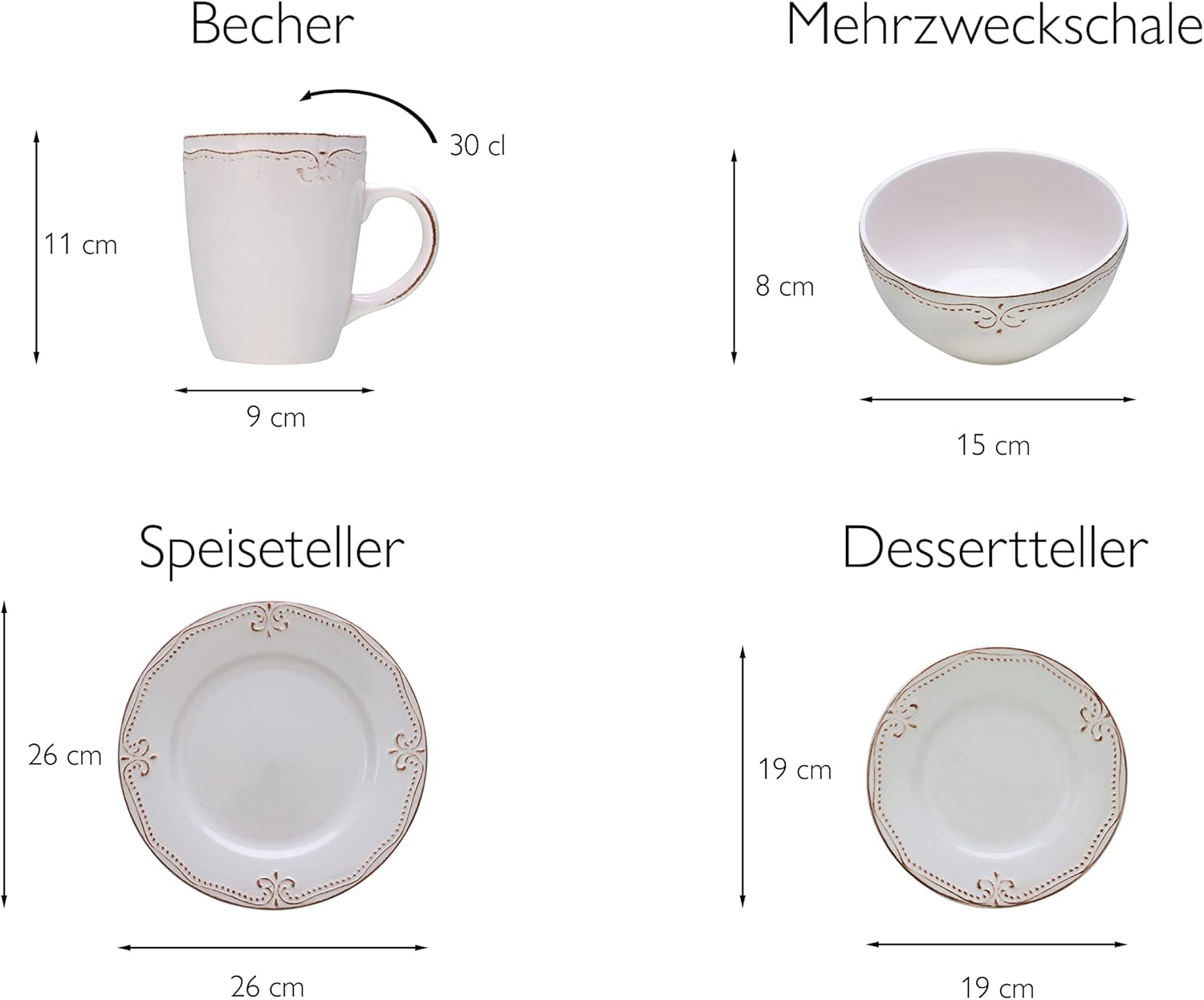 CreaTable, 23601, Romantic Vintage Series, 16-delt porcelænssæt til 4, Porcelænskombinationsservice, Tåler opvaskemaskine og mikroovn, Kvalitetsfremstilling