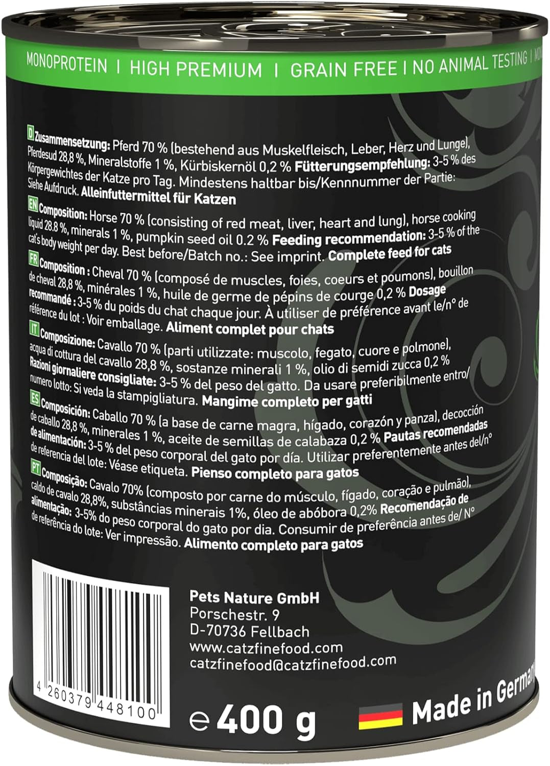 Vådfoder til katte Catz Finefood Purrrr Heste Monoprotein no. 123, til katte med følsom fordøjelse, 70% kødindhold, 6 æsker x 400 g