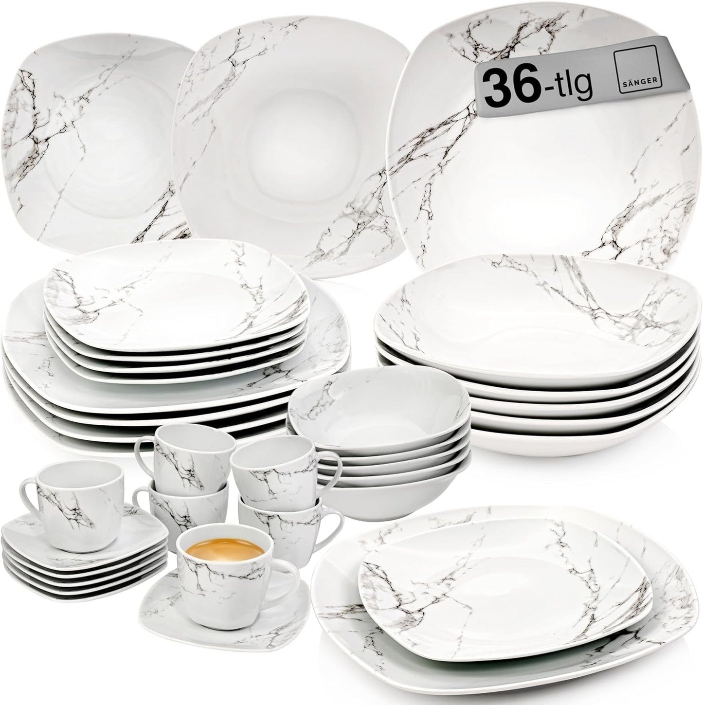 SANGER | Bilgola Marmor Combination Sergey Sæt 36-Deles Porcelænssæt til 6 med middagstallerkener, desserttallerkener, suma tallerkener, kornskåle, kaffetallerkener og porcelænsskåle, firkantede | PREMIUM KOLLEKTIONEN