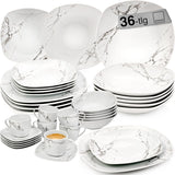 SANGER | Bilgola Marmor Combination Sergey Sæt 36-Deles Porcelænssæt til 6 med middagstallerkener, desserttallerkener, suma tallerkener, kornskåle, kaffetallerkener og porcelænsskåle, firkantede | PREMIUM KOLLEKTIONEN
