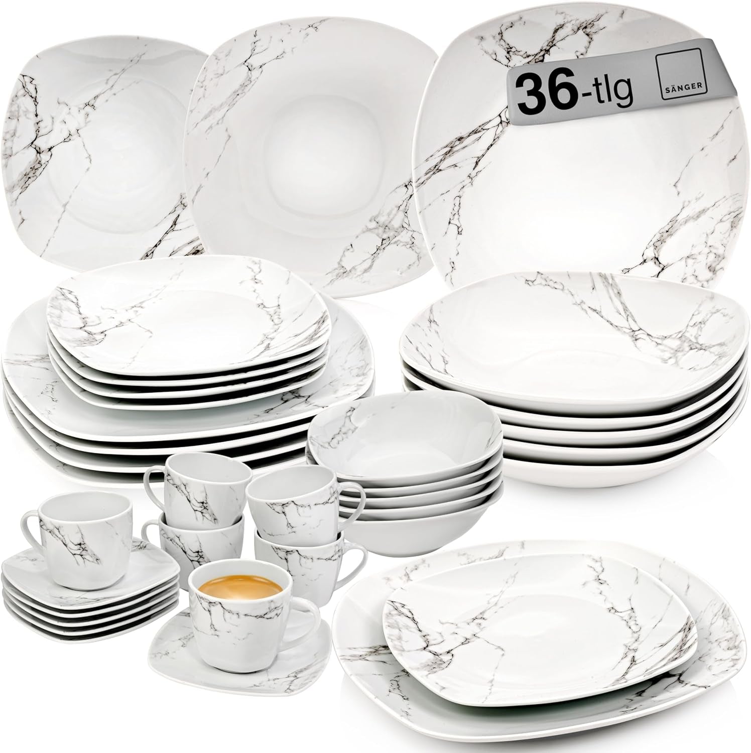 SANGER | Bilgola Marmor Combination Sergey Sæt 36-Deles Porcelænssæt til 6 med middagstallerkener, desserttallerkener, suma tallerkener, kornskåle, kaffetallerkener og porcelænsskåle, firkantede | PREMIUM KOLLEKTIONEN