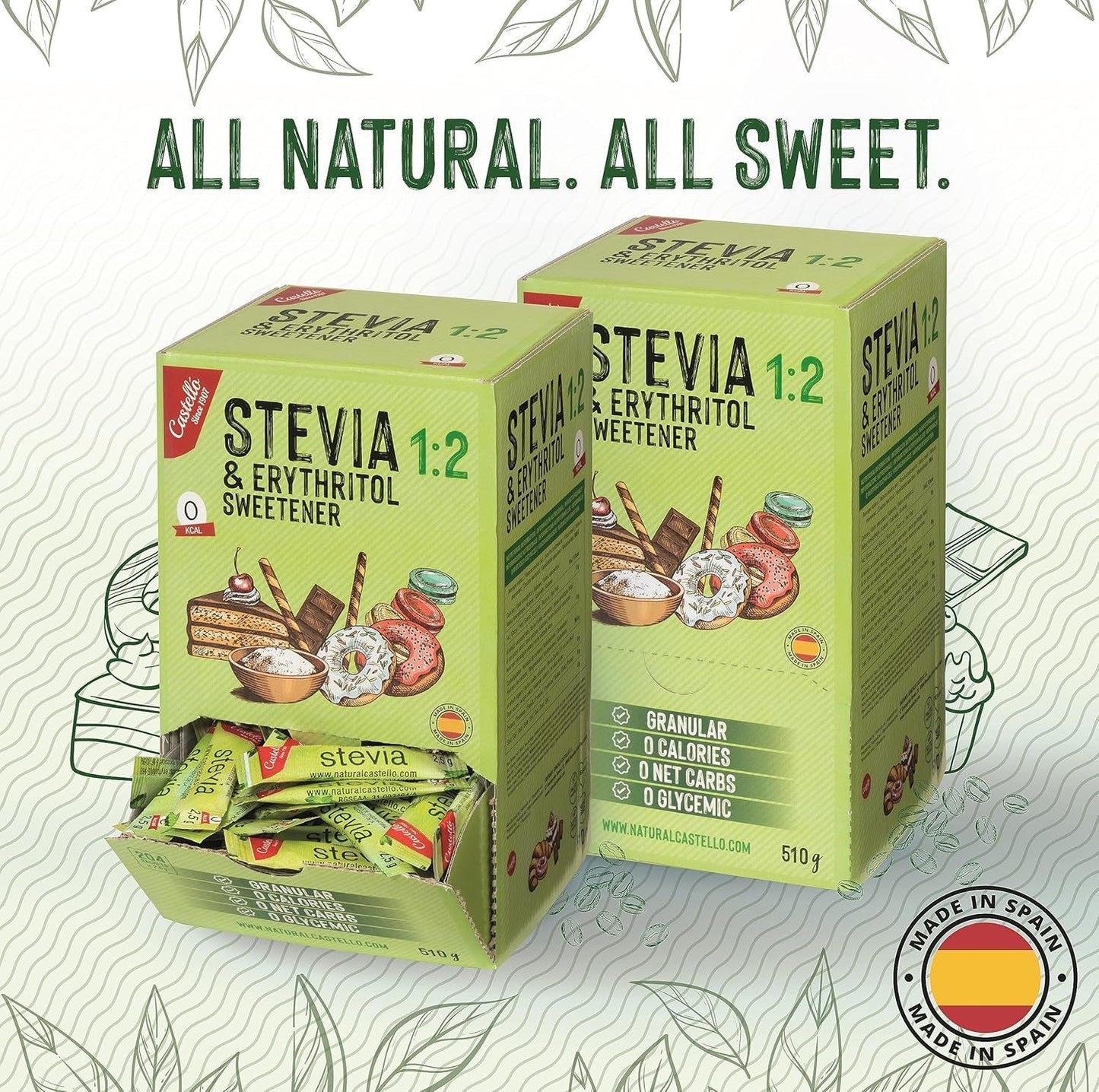 Stevia + Erythritol 1:2 Süßstoff | 204 Mytetaske 2,5 G | 100% Natürlicher Zuckerersatz - 0 Kalorien - 0 Glykämischer Index - Keto Und Paleo - 0 Kohlenhydrat - Kein GVO - Castello siden 1907-510 G Sweeteners Naty Shop