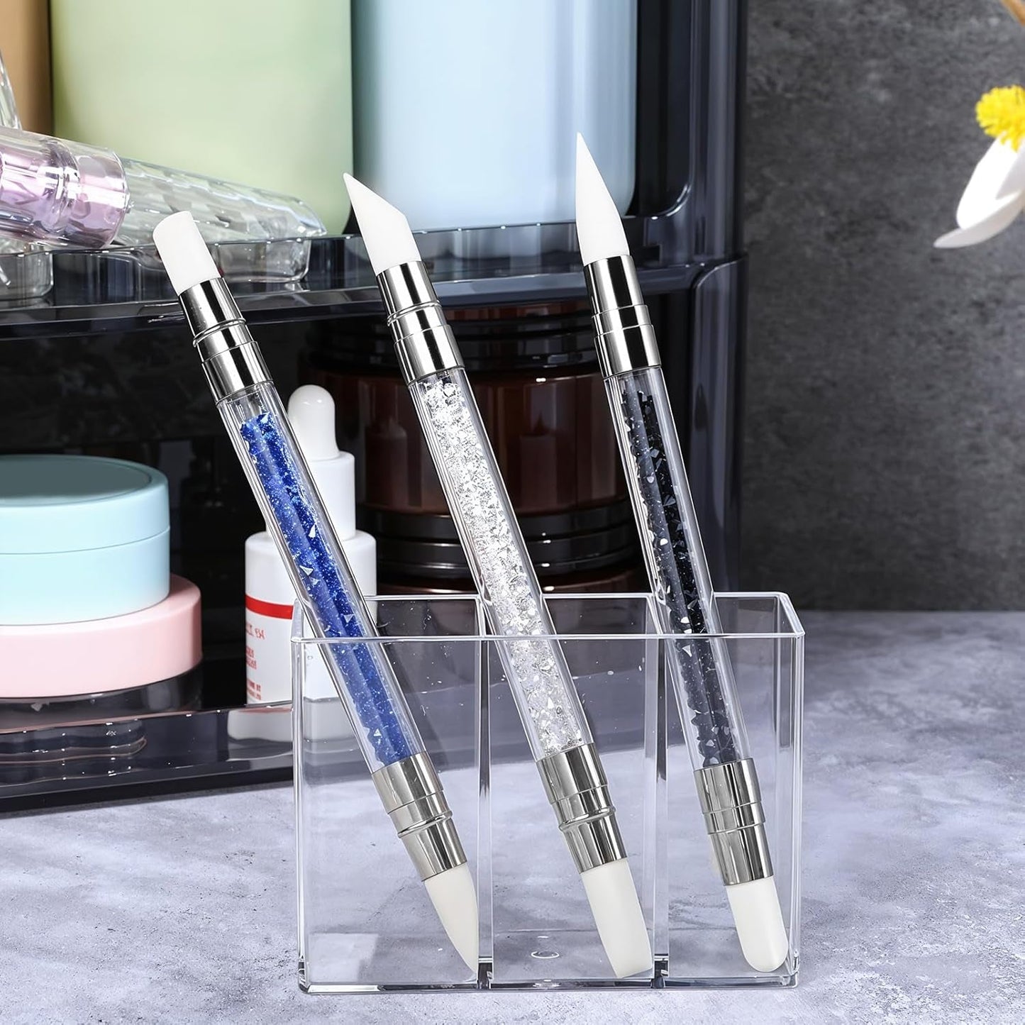 3 Stück Nagel Pinsel Silikon, Nagelkunst Skulptur Stift, Doppel Købfe DIY Maniküre Werkzeug, Strassstein Picker, Gel Schnitzen Pinsel Für Design, Shaping Drawing Carving Nagelfolie