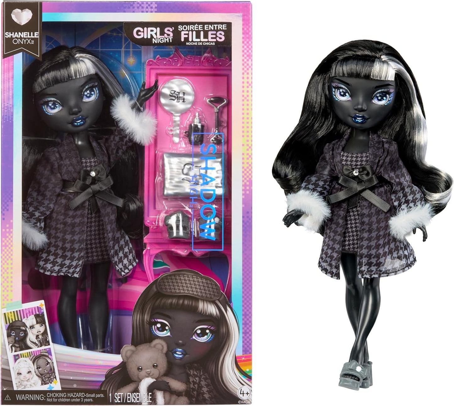 Rainbow High Shadow High Girl's Night - Shanelle Onyx - 28 cm modedukke i nuancer af gråt, sort hår og outfit med tilbehør og kam - Til samlere og børn fra 6 år og opefter
