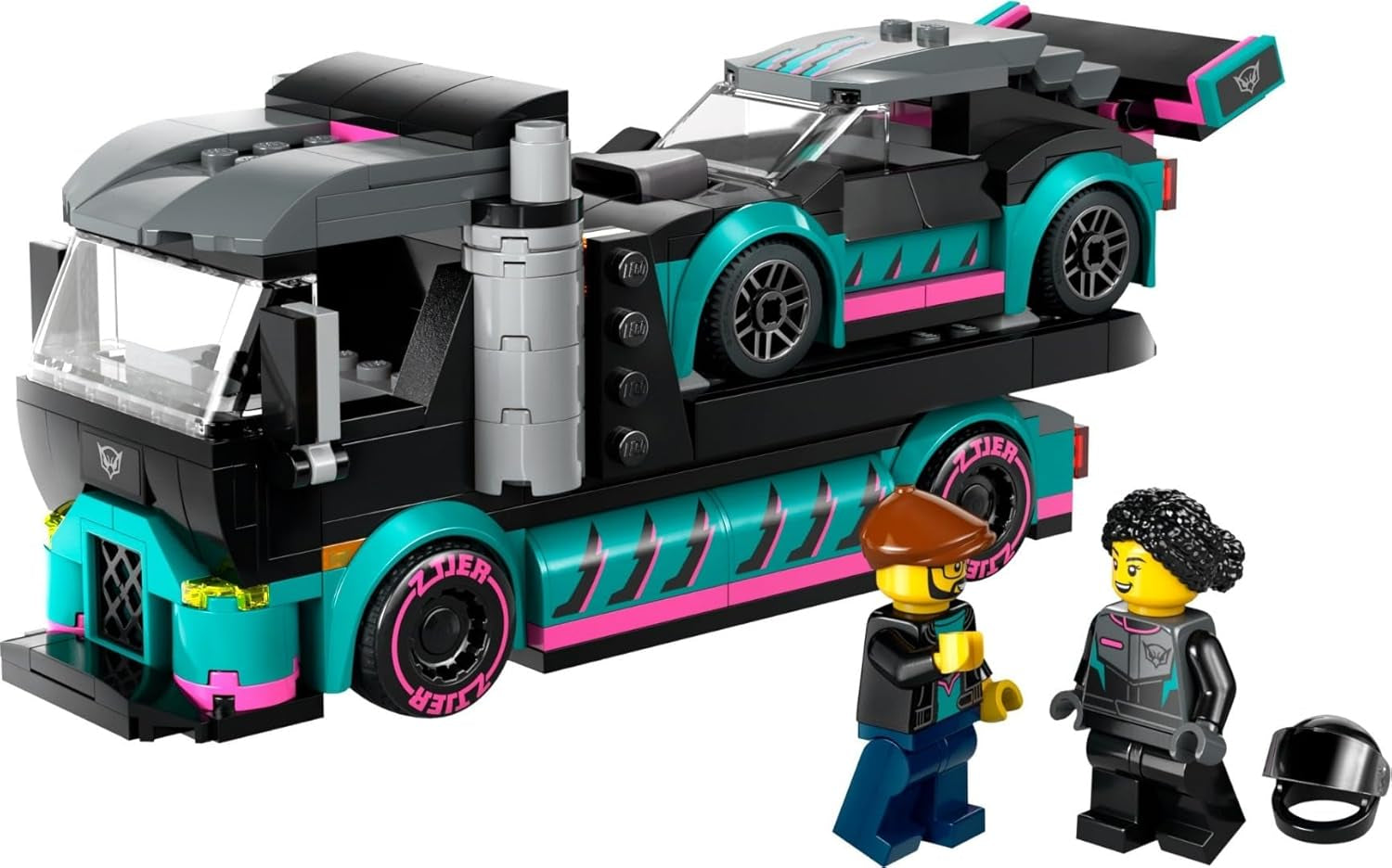 LEGO City Car Transporter med racerbil, legetøjslastbil med justerbar læsserampe og racerbil, byggesæt med 2 minifigurer, racerkører og lastbilchauffør, til børn fra 6 år 60406 Byggesæt Besuche den LEGO-Store