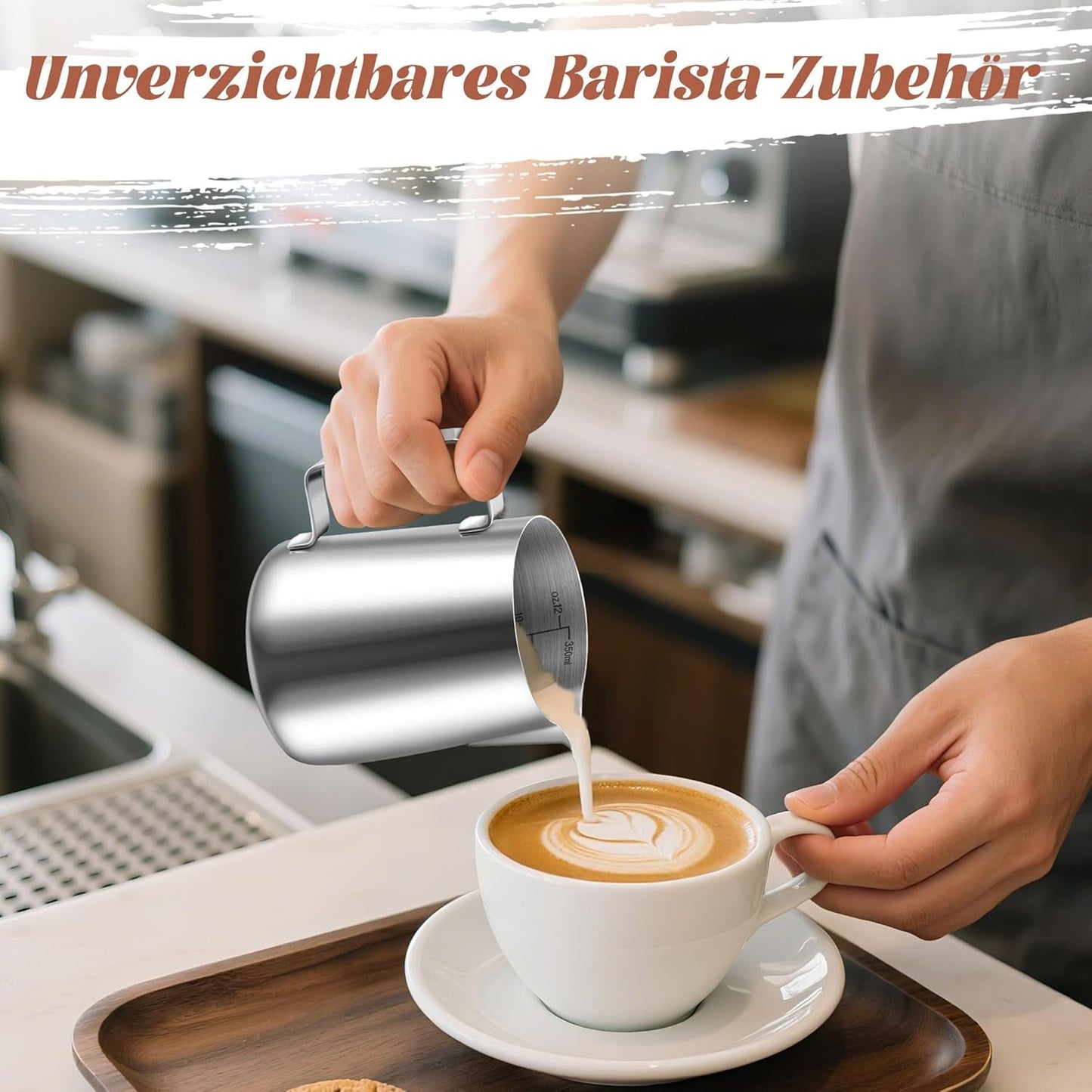 Mælkekrus, 350 ml Mælkekrus i rustfrit stål med målemærke, Barista-tilbehør, Mælkekrus til Cappuccino, Espresso, Latte Art, Kaffeelskere, Sølv, 355ml