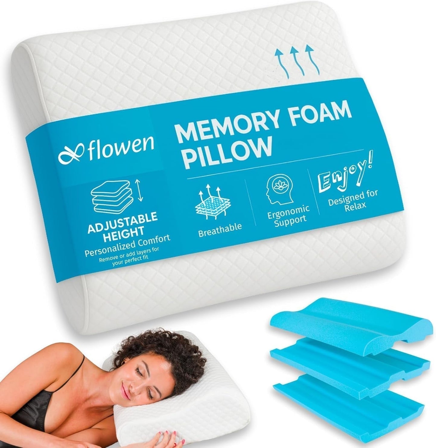 Nakkestøtte Højdejusterbar Memory Foam pude Ortopædisk og ergonomisk sengepude Nakkesmertelindrende pude Nakkestøtte og anti-snorken vaskbar polyes. Naty Shop blødt cervikalt ortopædisk pudebetræk - 55X35X13/11 cm