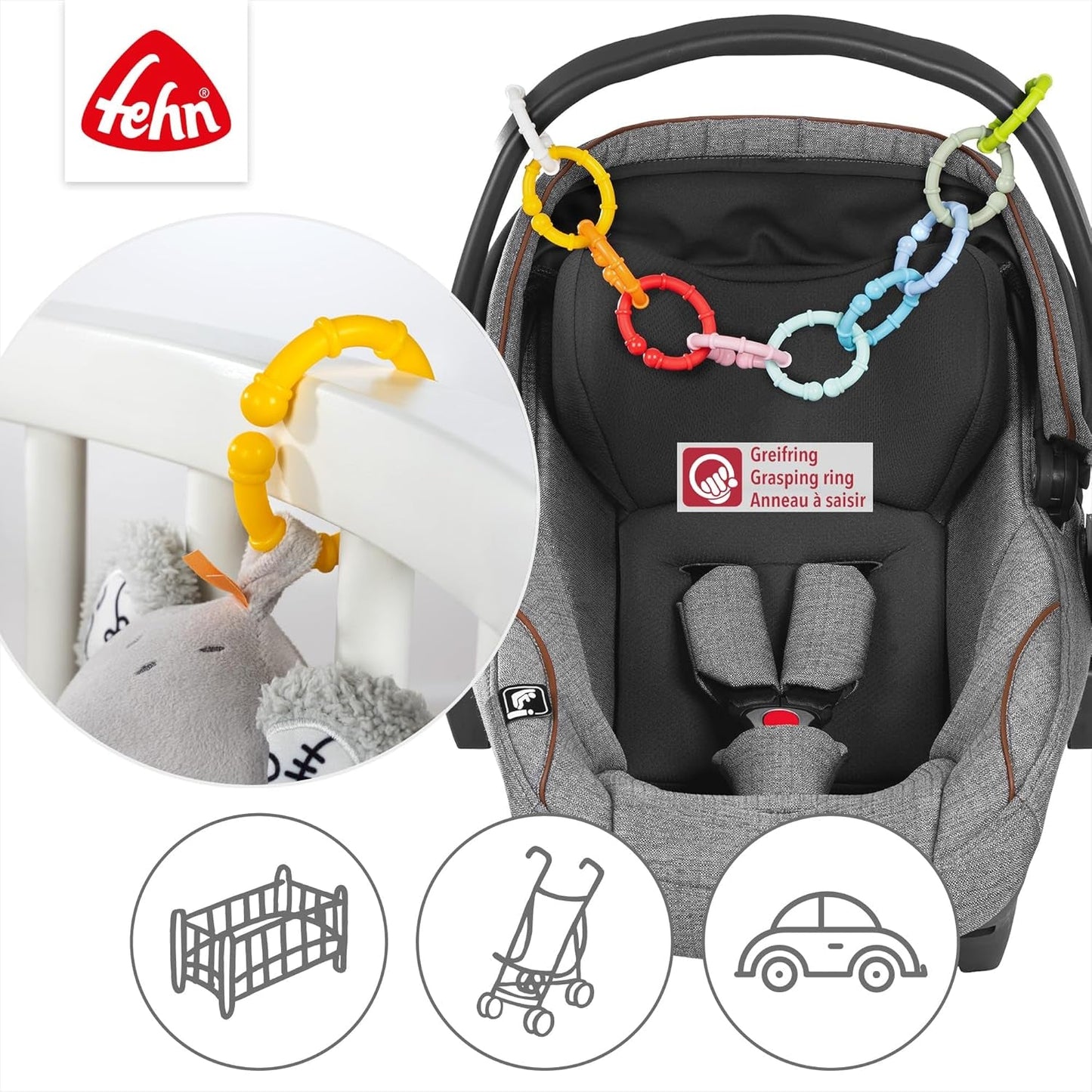 Fehn 10 sæt fastgørelsesringe - fastgørelseskroge til babyautostol, kravlegård og krybbe - fastgørelsesringe til barnevognskæde til hjemmet og på farten - C-ringe til babyer og småbørn fra 0+ måneder Legetøj Bebe Naty Shop