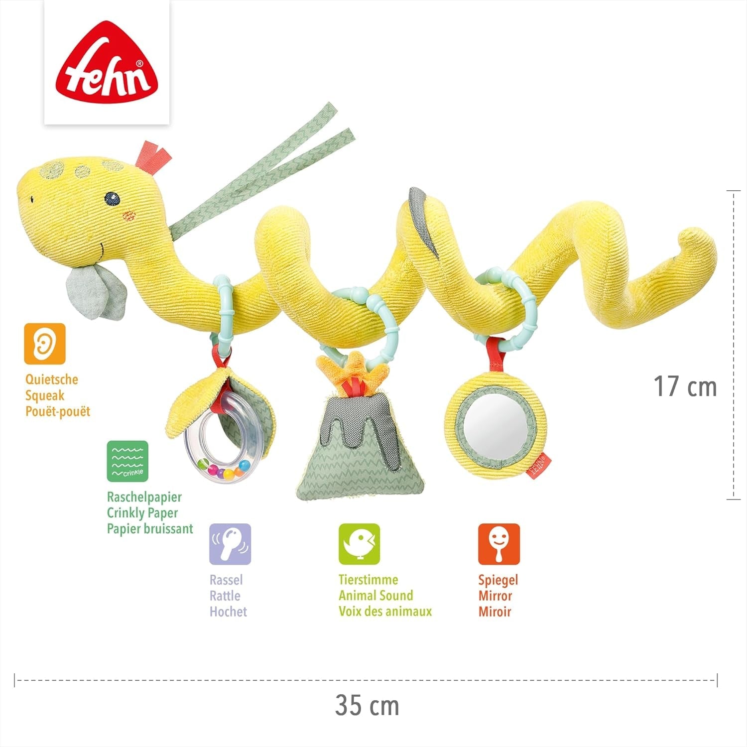 Fehn Activity Spiral Dino - skub og træk klapvognslegetøj - babydinosaurlegetøj til seng, legeplads, barnevogn og autostol - motorisk aktivitetslegetøj til babyer og småbørn fra 0+ måneder Babylegetøj Naty Shop