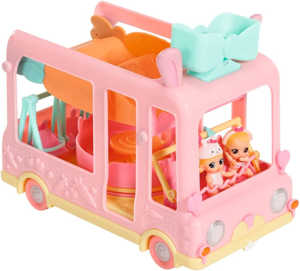BABY født 904763 Baby Surprise Bus - pink mini dukke legetøjsbus med 2 eksklusive dukker, tredobbelt klapvogn, gynge, karrusel, rutsjebane og tredobbelt gynge.
