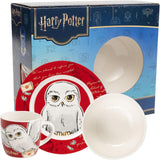 Harry Potter 3-delt servicesæt, rødt, porcelæns morgenmadssæt med tallerken Ø 19 cm, krus 220 ml og skål 330 ml, servicesæt