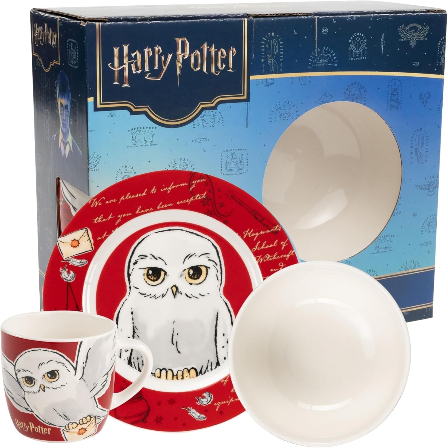 Harry Potter 3-delt servicesæt, rødt, porcelæns morgenmadssæt med tallerken Ø 19 cm, krus 220 ml og skål 330 ml, servicesæt