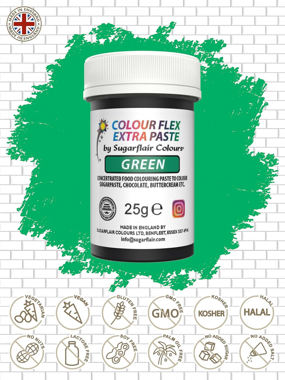 Sugarflair Colourflex Extra Paste Verde madfarve - Spiselig madfarve til smørcreme, chokolade, sukkerpasta, glasur, fondant, kageblandinger, dej og mere - 25g