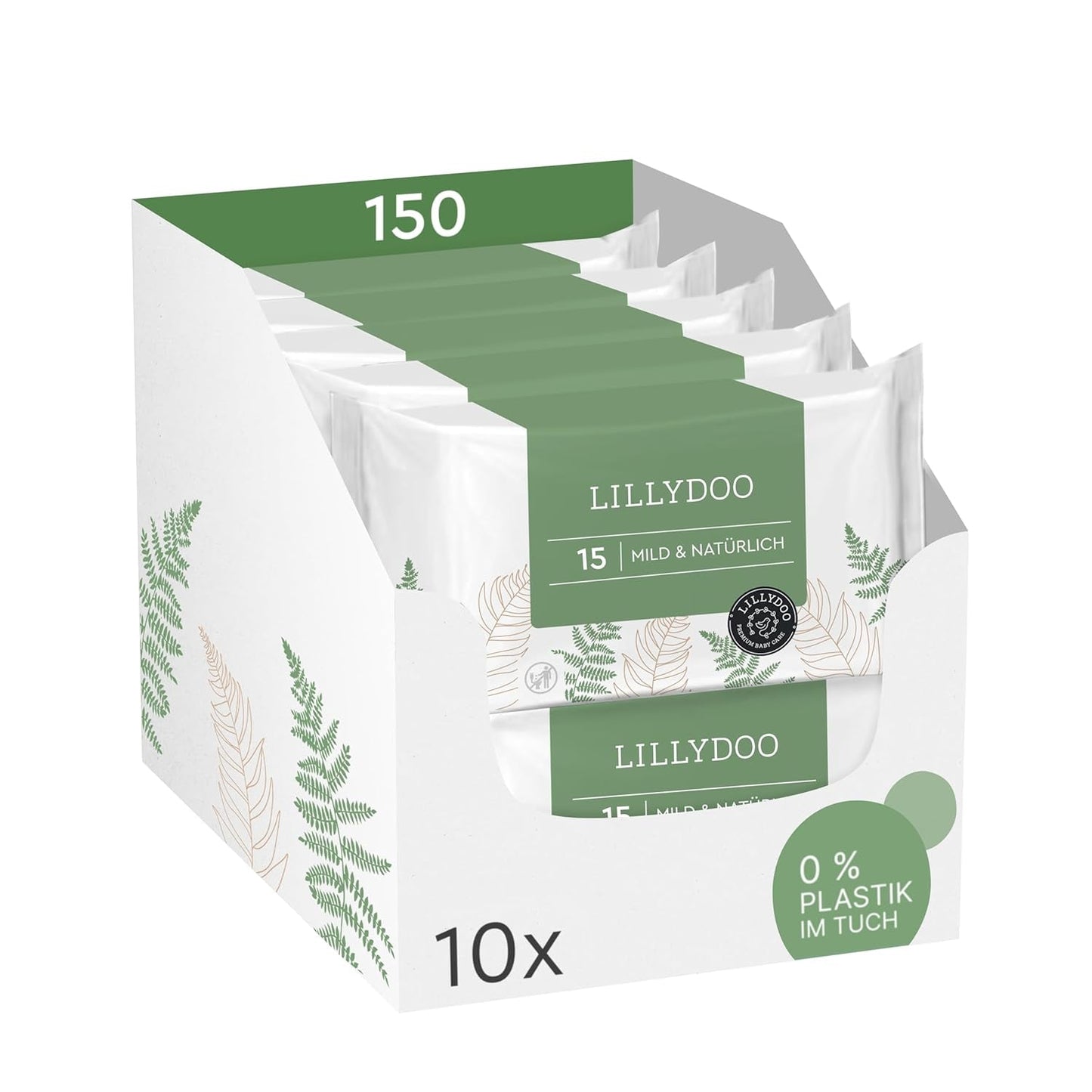LILLYDOO grønne vådservietter, 600 count (10 x 60), 100 % plastfri rivefast serviet - Parfumefri, skånsom og naturlig, skånsom rensning til følsom hud, dermatologisk testet