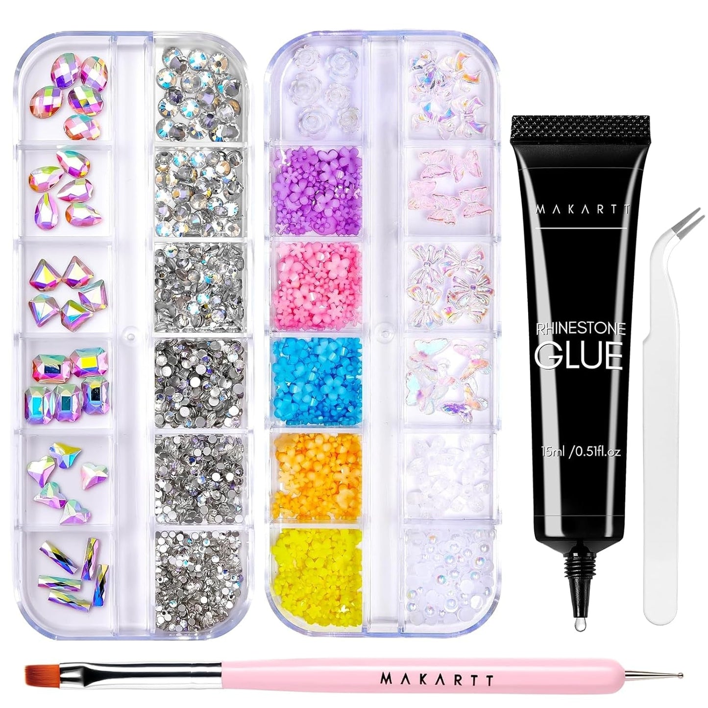 Makartt Rhinestone selvklæbende gel - 15 ml UV-neglelimsæt med lyserøde negle charms Hjertecirkel neglesmykker og negledesigntilbehør til hjemmemanicure Valentinsdagsgave