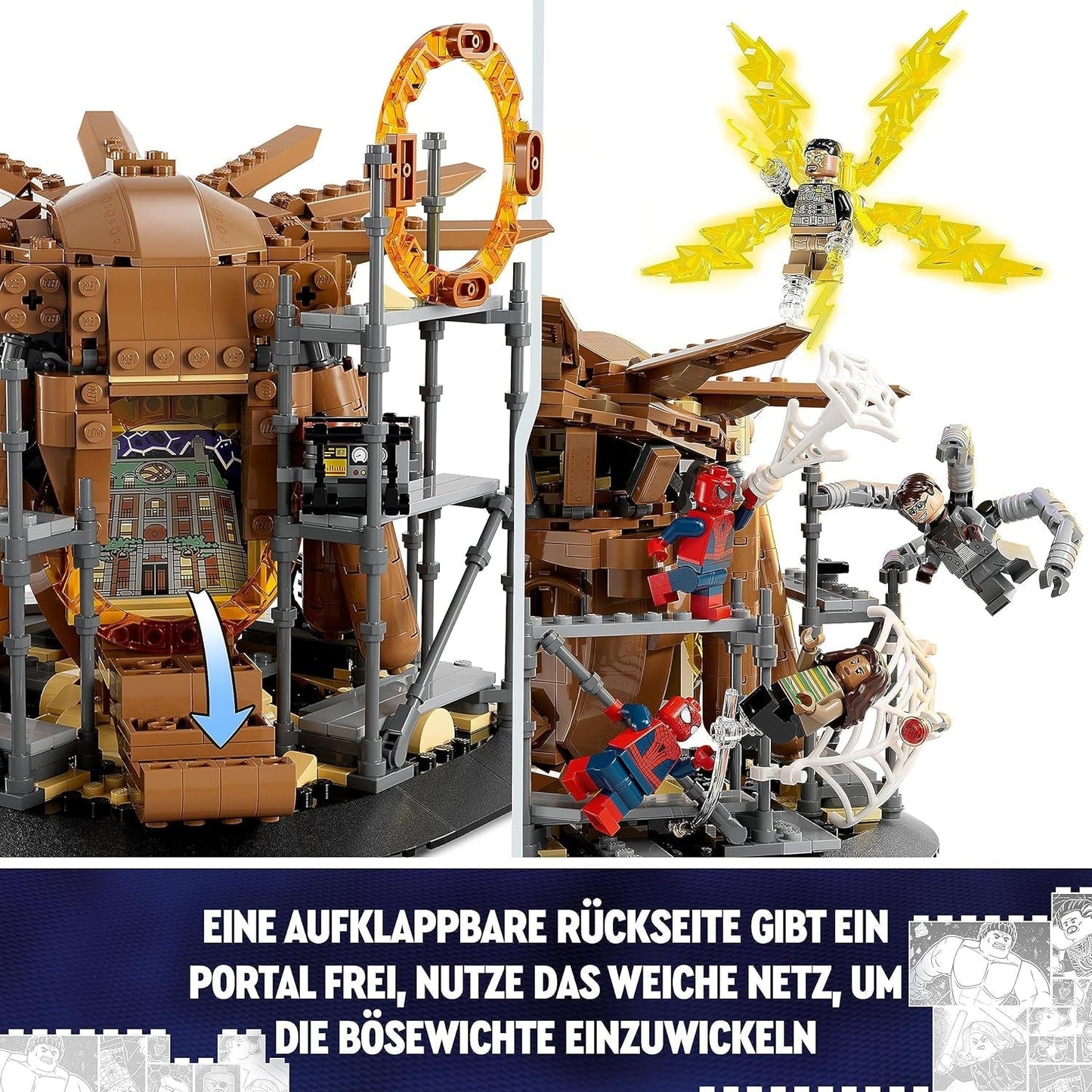 LEGO 76261 Marvel Spider-Man's Big Showdown, Spider-Man: No Way Home sæt med 3 minifigurer Peter Parker plus Green Goblin, Electro, Sandman, Ned, Doctor Strange og MJ, samlermodel Byggesæt Besuche den LEGO-Store